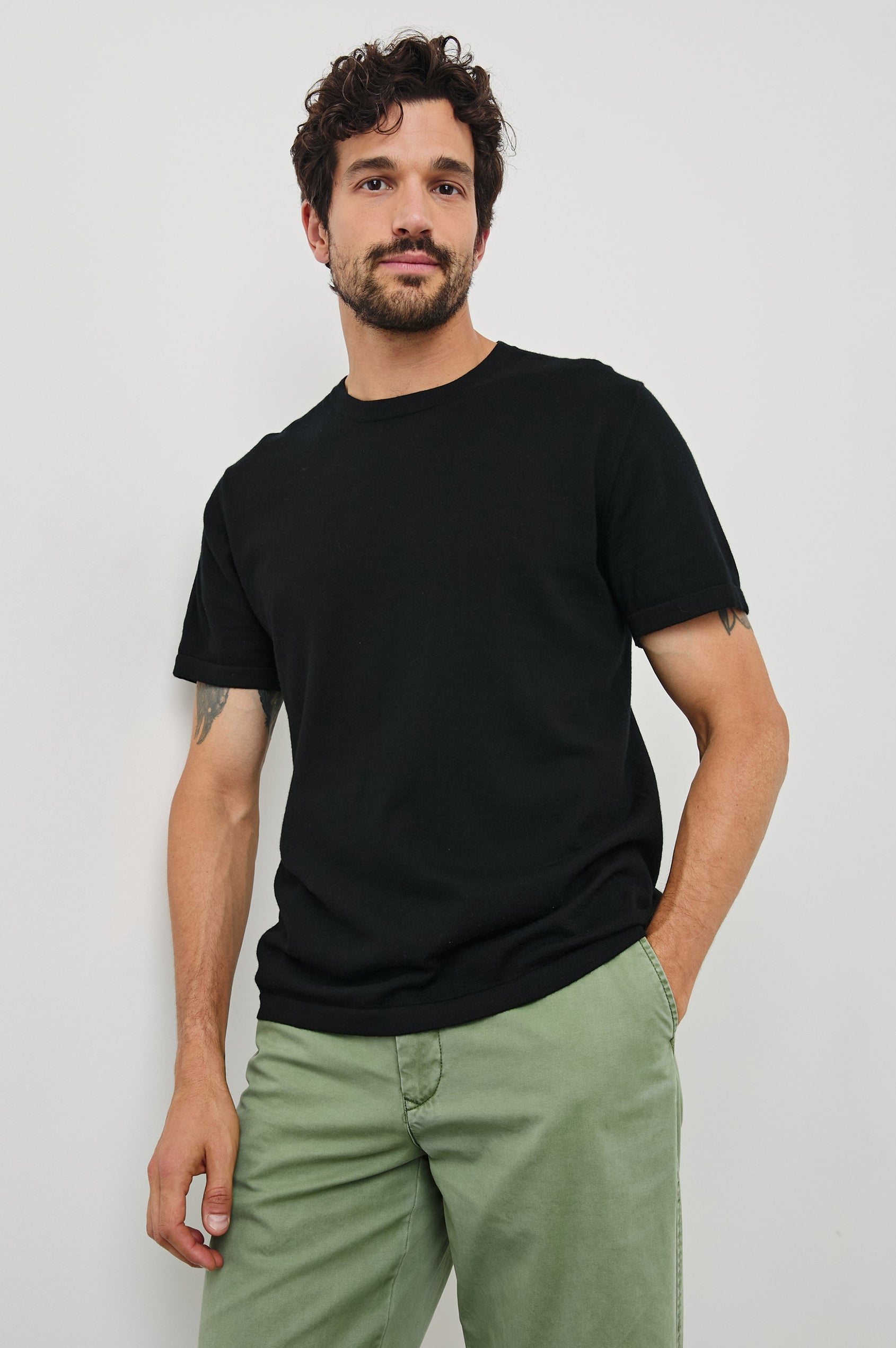 Mason Cotton Cashmere Short Sleeve T-Shirt with a Crew Neck in Black Colorway - Front View Featured on Model