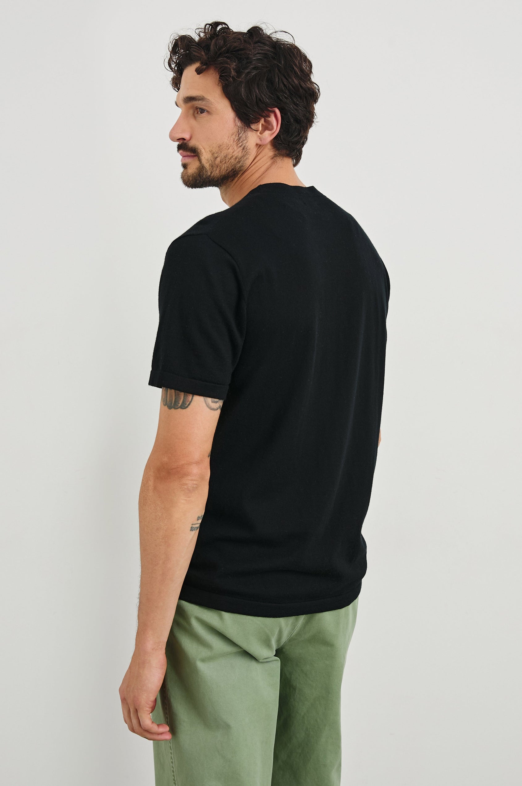 Mason Cotton Cashmere Short Sleeve T-Shirt with a Crew Neck in Black Colorway - Back View Featured on Model