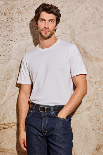Mason Cotton Cashmere Short Sleeve T-Shirt with a Crew Neck in Cream Colorway - Front View Featured on Model
