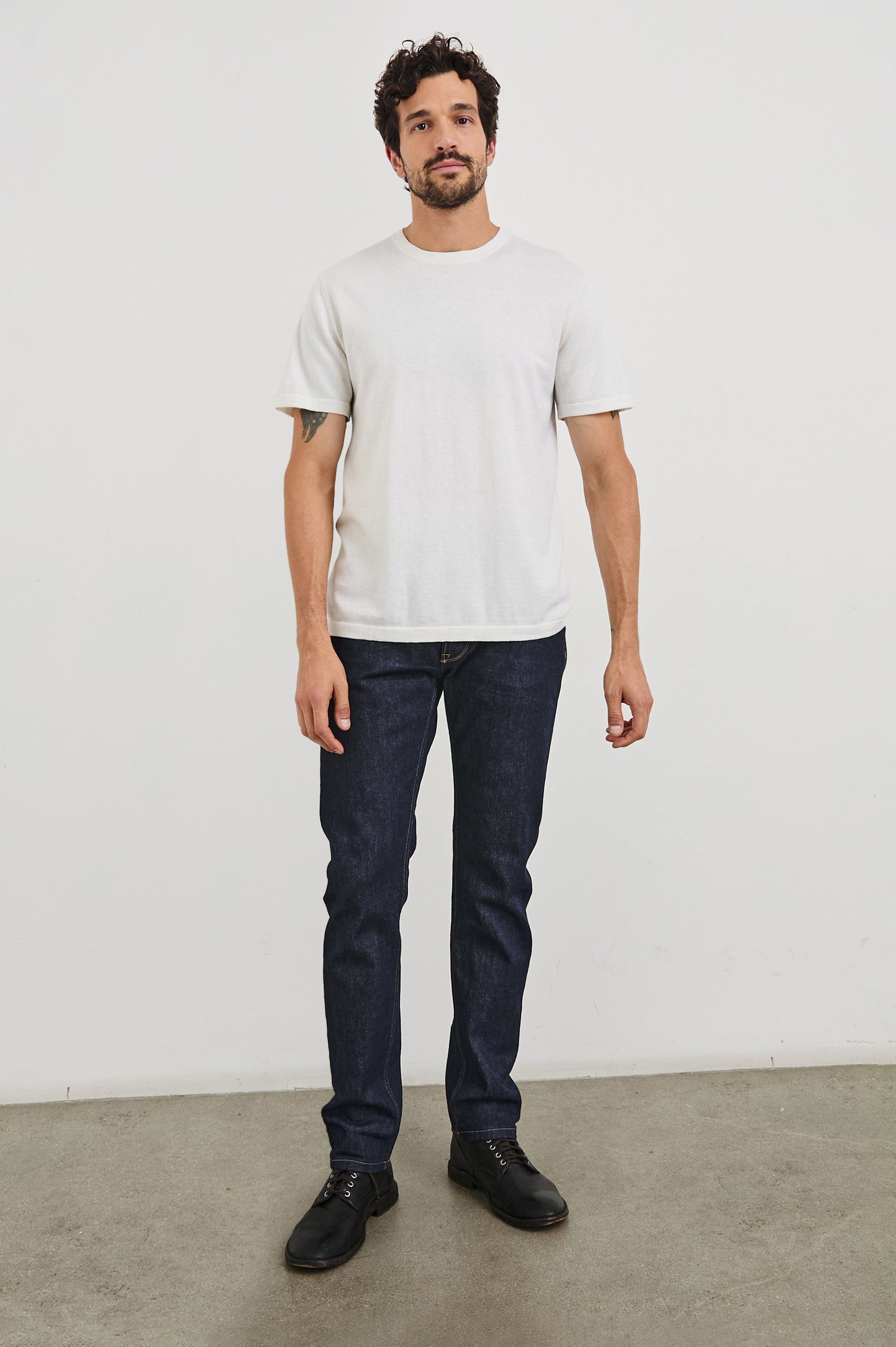 Mason Cotton Cashmere Short Sleeve T-Shirt with a Crew Neck in Cream Colorway - Front Full Body View Featured on Model
