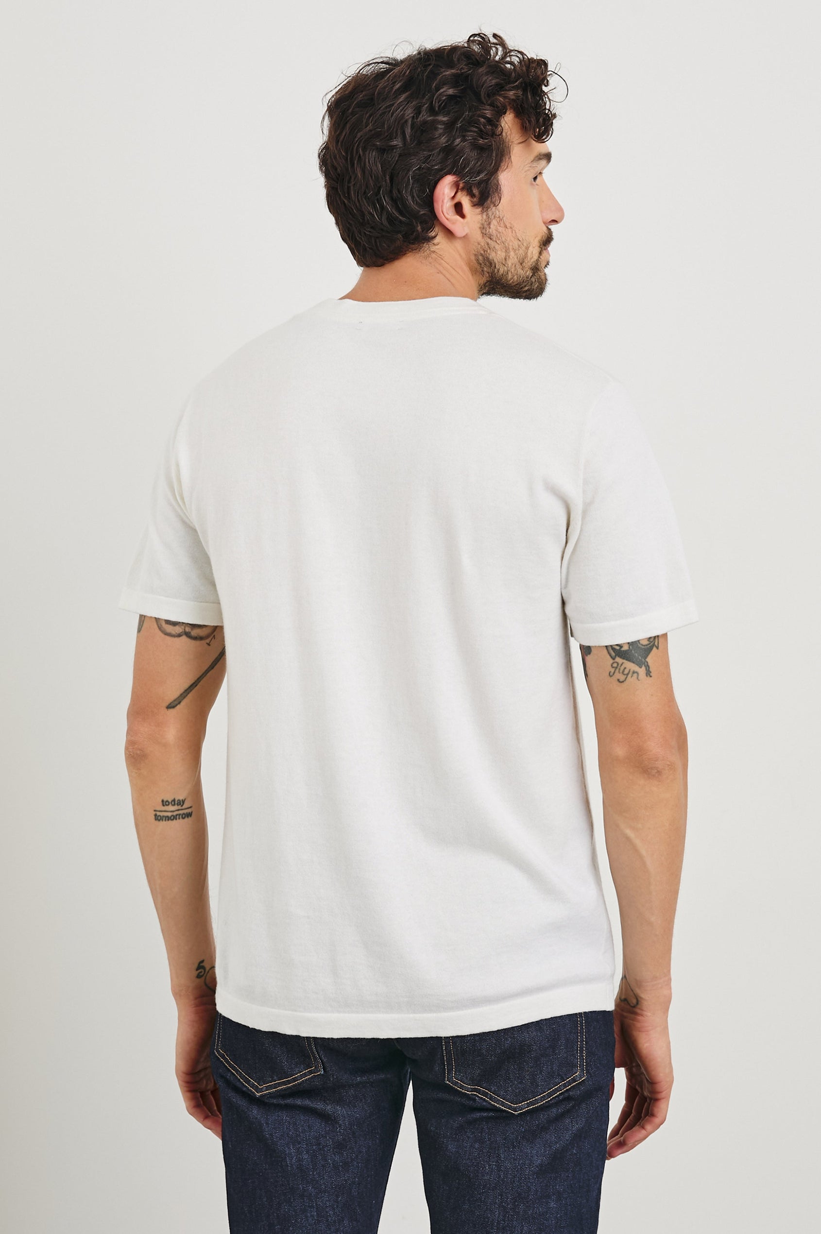 Mason Cotton Cashmere Short Sleeve T-Shirt with a Crew Neck in Cream Colorway - Back View Featured on Model