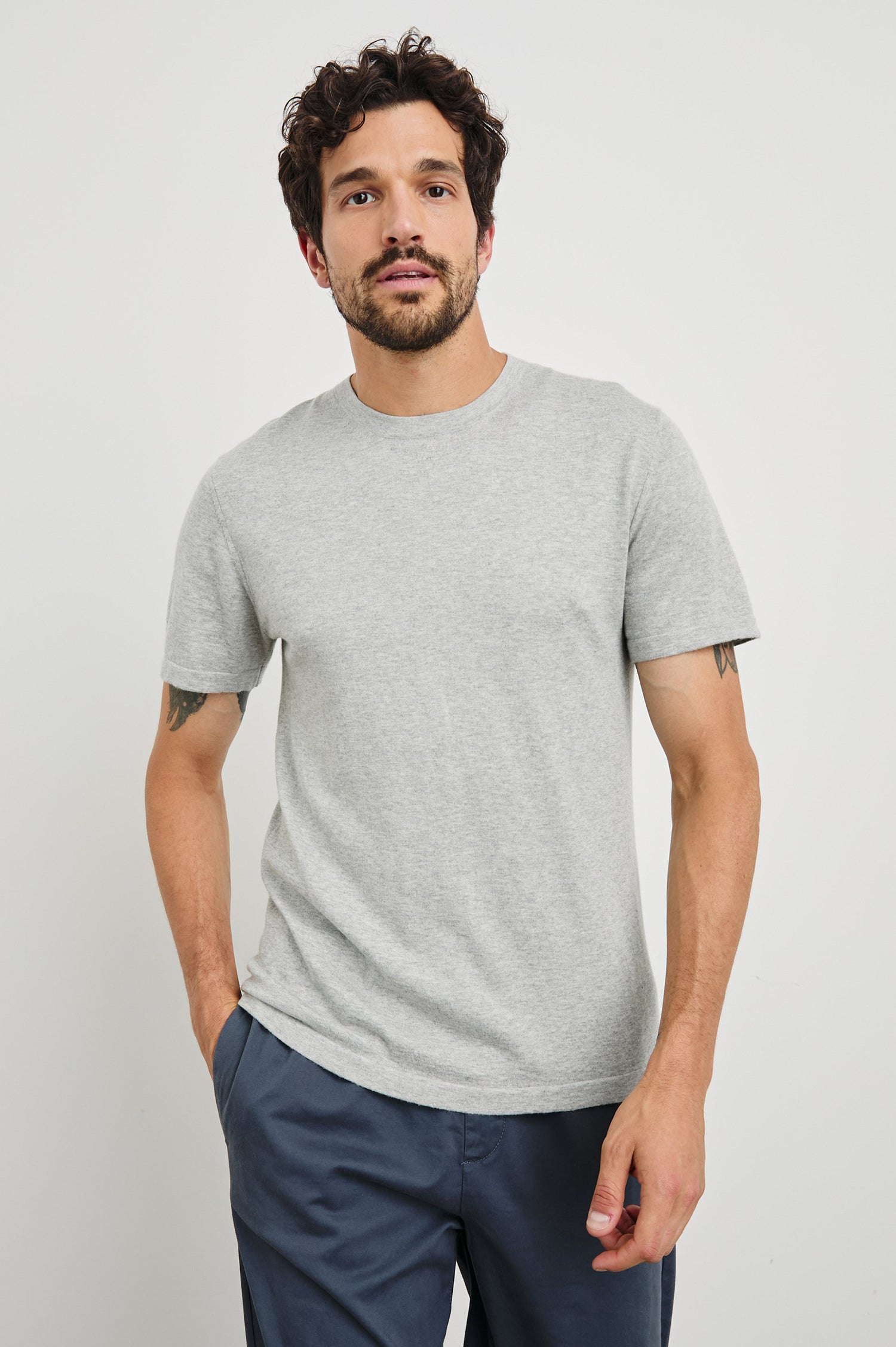 Mason Cotton Cashmere Short Sleeve T-Shirt with a Crew Neck in Heather Grey Colorway - Front View Featured on Model