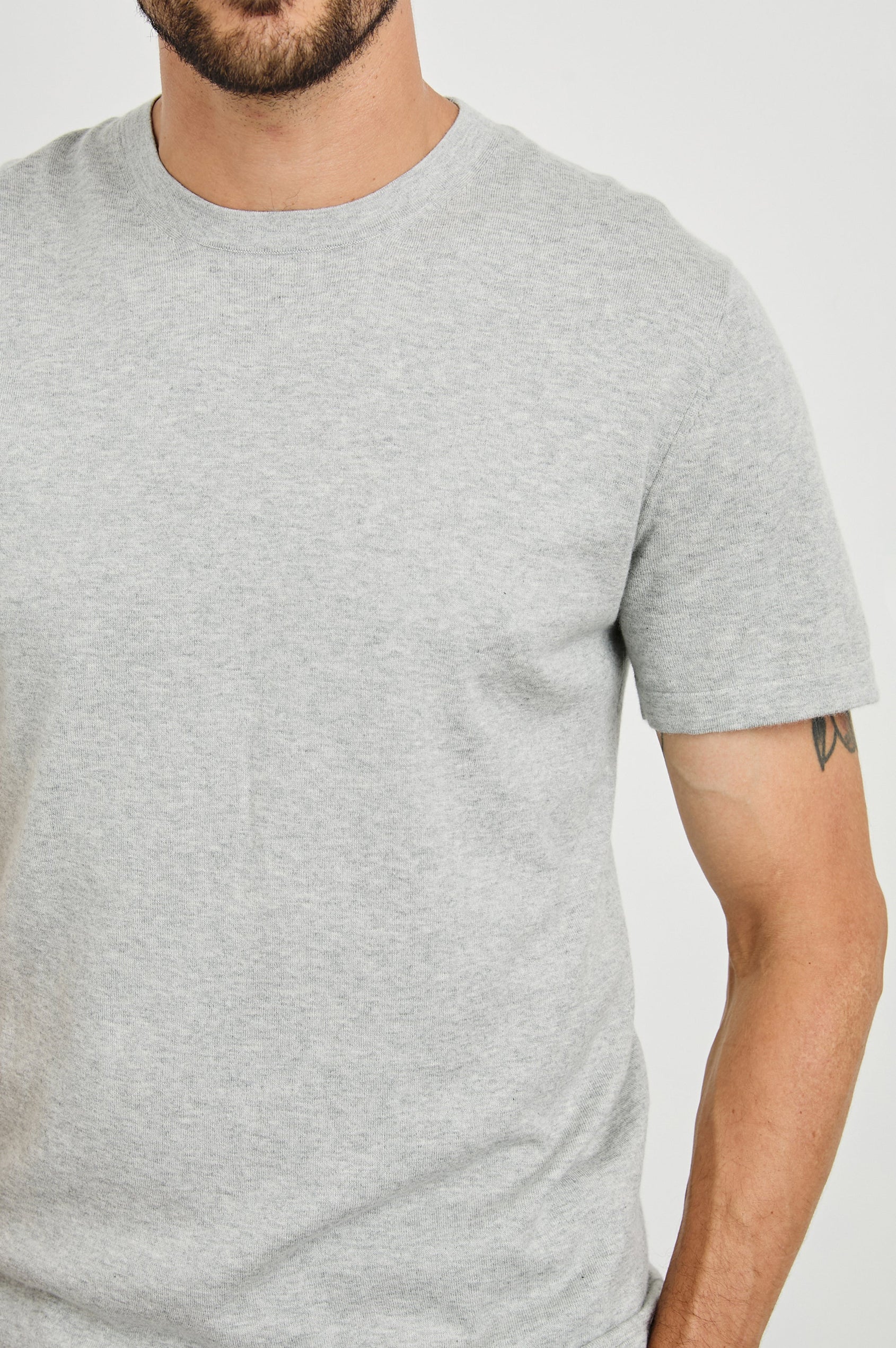 Mason Cotton Cashmere Short Sleeve T-Shirt with a Crew Neck in Heather Grey Colorway - Front View Featured on Model