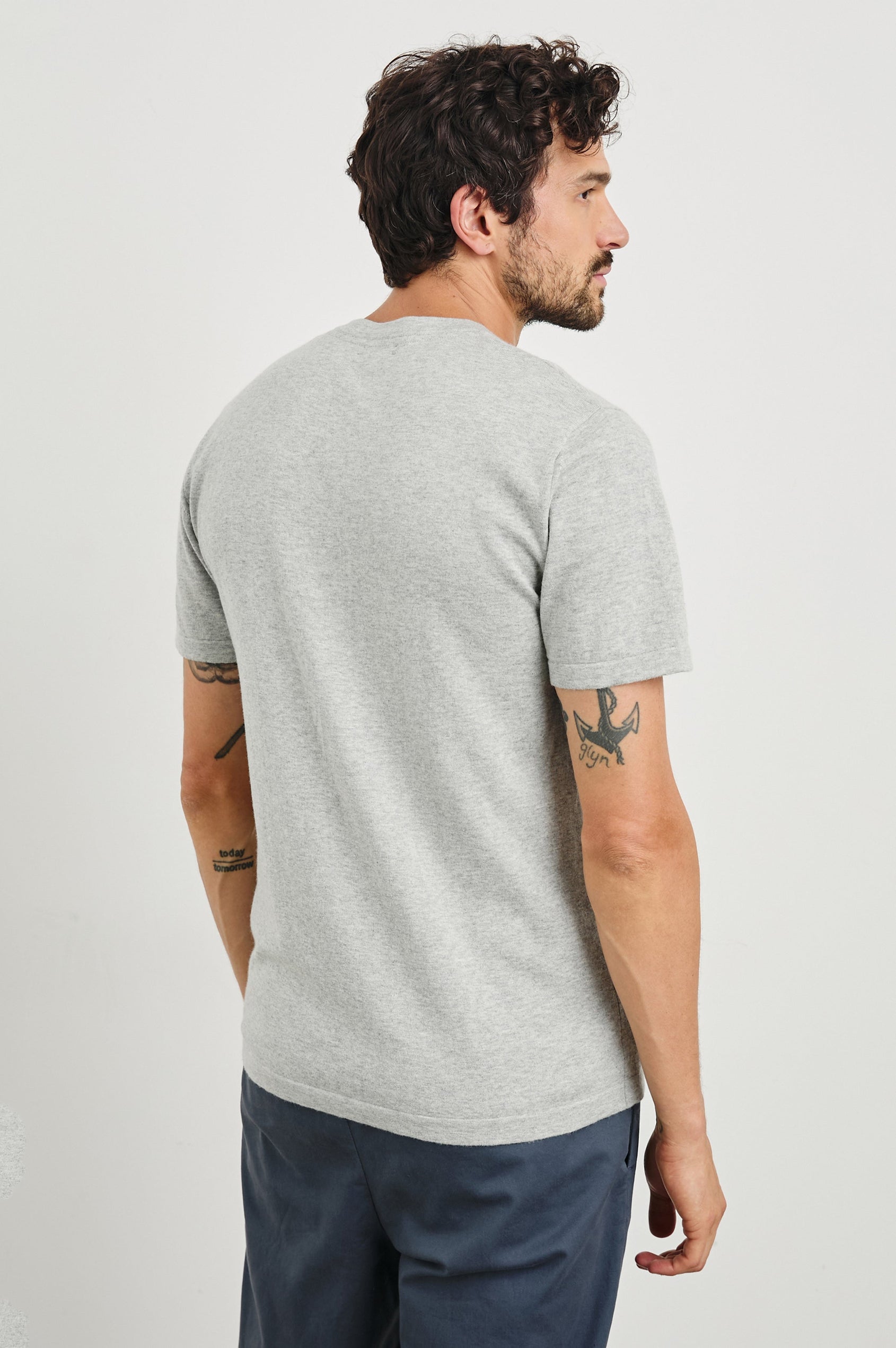 Mason Cotton Cashmere Short Sleeve T-Shirt with a Crew Neck in Heather Grey Colorway - Back View Featured on Model