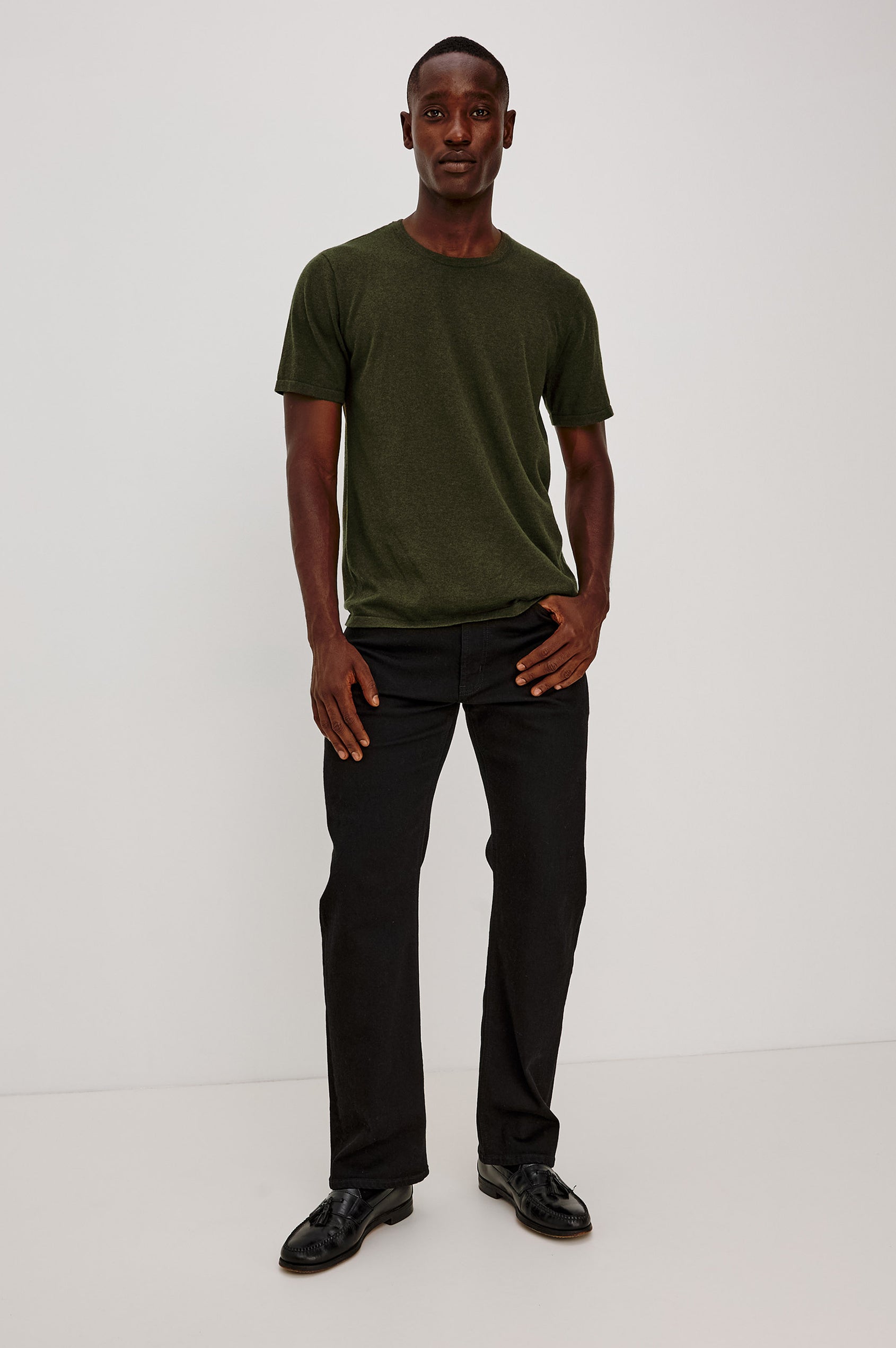 Mason Cotton Cashmere T-Shirt in Soft Cotton Cashmere Blend With Crew Neck, Short Sleeves, and Slim Fit in Hemlock Colorway - Full Body Front View Featured on Model