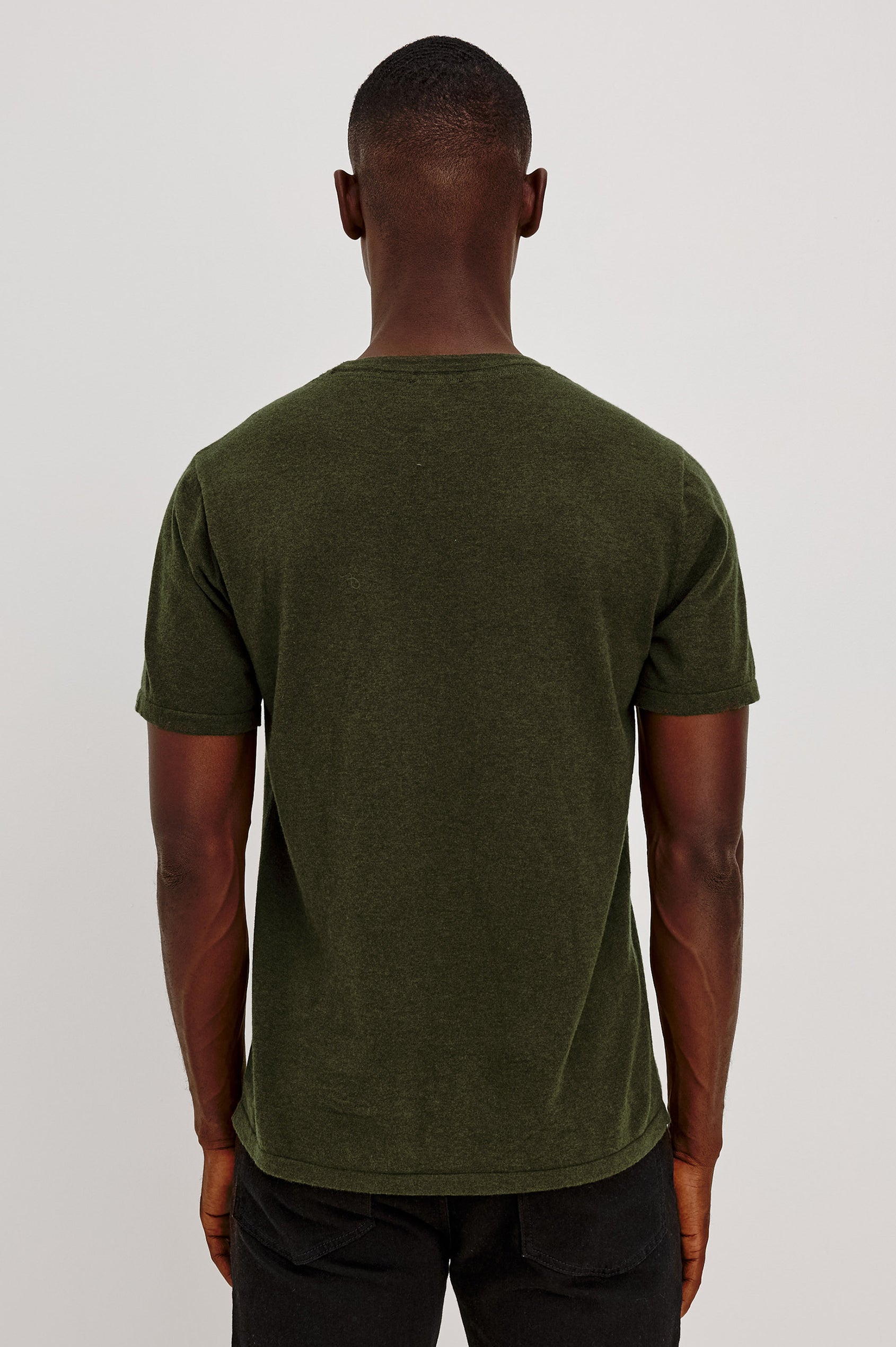 Mason Cotton Cashmere T-Shirt in Soft Cotton Cashmere Blend With Crew Neck, Short Sleeves, and Slim Fit in Hemlock Colorway - Upper Body Back View Featured on Model