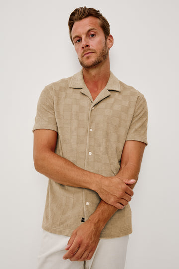 Maverick Short Sleeve Shirt in French Terry With Jacquard Pattern, Notched Collar, Front Buttons, and Classic Fit in Grange Craft Paper Colorway - Upper Body Front View Featured on Model