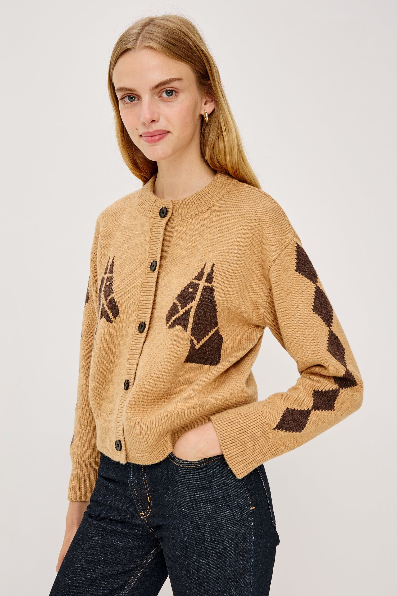 Mavie Long-Sleeve Cardigan with Button Closure, Crew Neck and Ribbed Trim in Camel Stables Colorway with Black Horses and Diamonds on Camel - Front View Featured on Model