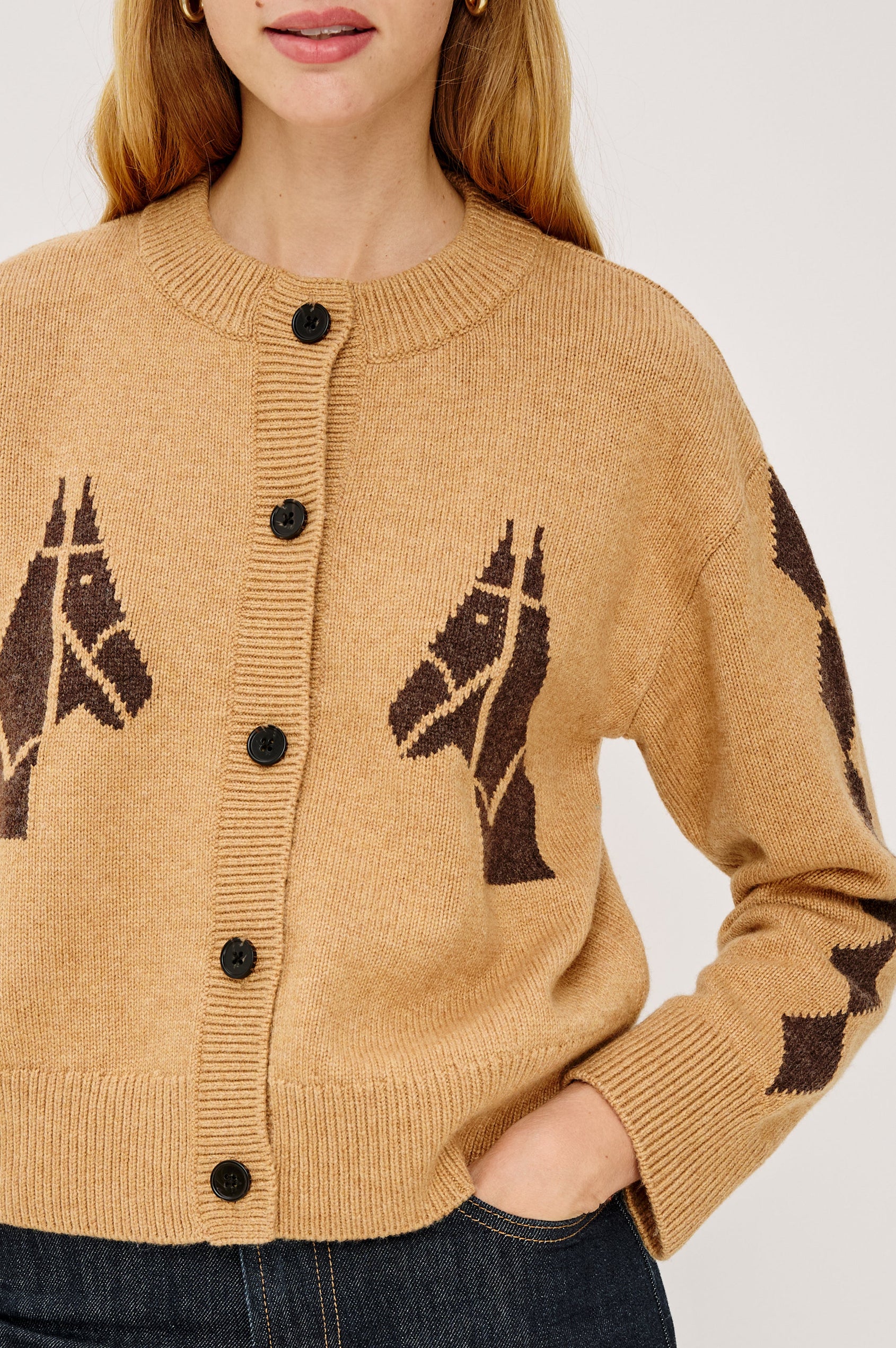 Mavie Long-Sleeve Cardigan with Button Closure, Crew Neck and Ribbed Trim in Camel Stables Colorway with Black Horses and Diamonds on Camel - Close Up View Featured on Model