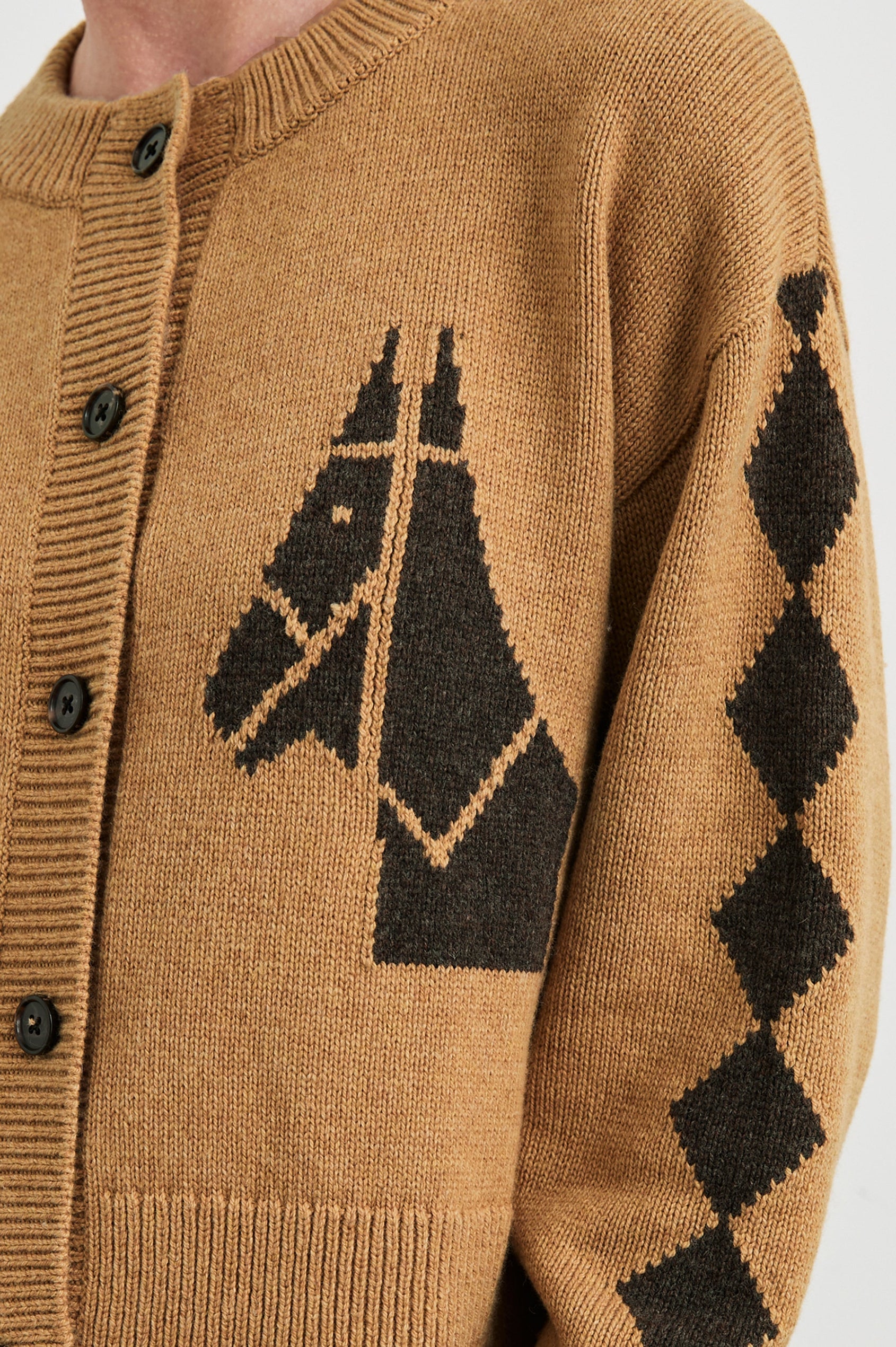 Mavie Long-Sleeve Cardigan with Button Closure, Crew Neck and Ribbed Trim in Camel Stables Colorway with Black Horses and Diamonds on Camel - Front View Featured on Model