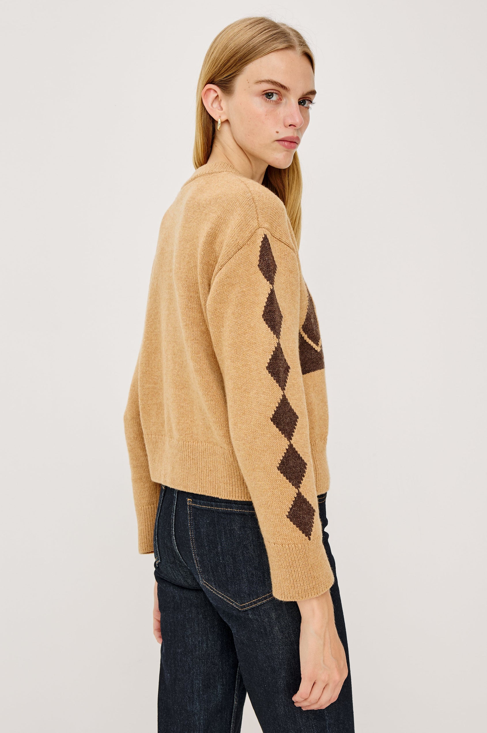 Mavie Long-Sleeve Cardigan with Button Closure, Crew Neck and Ribbed Trim in Camel Stables Colorway with Black Horses and Diamonds on Camel - Back View Featured on Model