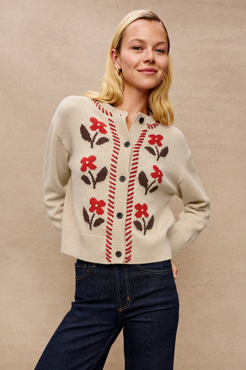 Mavie Long-Sleeve Cardigan with Button Closure, Crew Neck and Ribbed Trim in Carmine Floral Colorway with Carmine and Brown Flowers and Red Contrast Whip Stitching - Front View Featured on Model