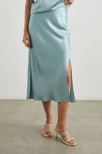 Maya Midi Skirt with Mid-Thigh Side Slit in Clearwater Colorway - Front View Featured on Model