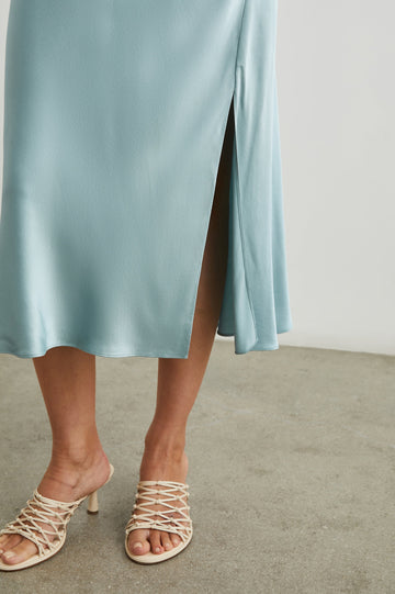 Maya Midi Skirt with Mid-Thigh Side Slit in Clearwater Colorway - Front View Featured on Model