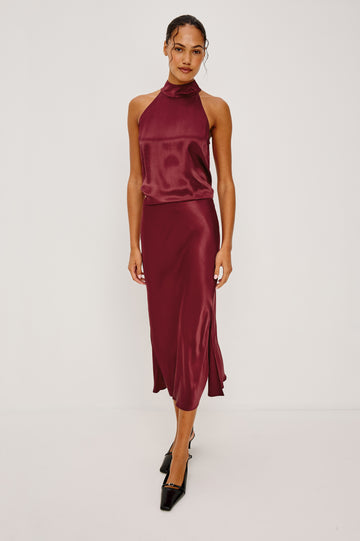 Maya Midi Skirt with Mid-Thigh Side Slit in Mink Colorway - Full Body Front View Featured on Model