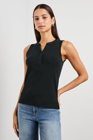 Mayla Sleeveless Top With 3/4 Front Buttons In Colorway Black - Front View Untucked Featured On Model