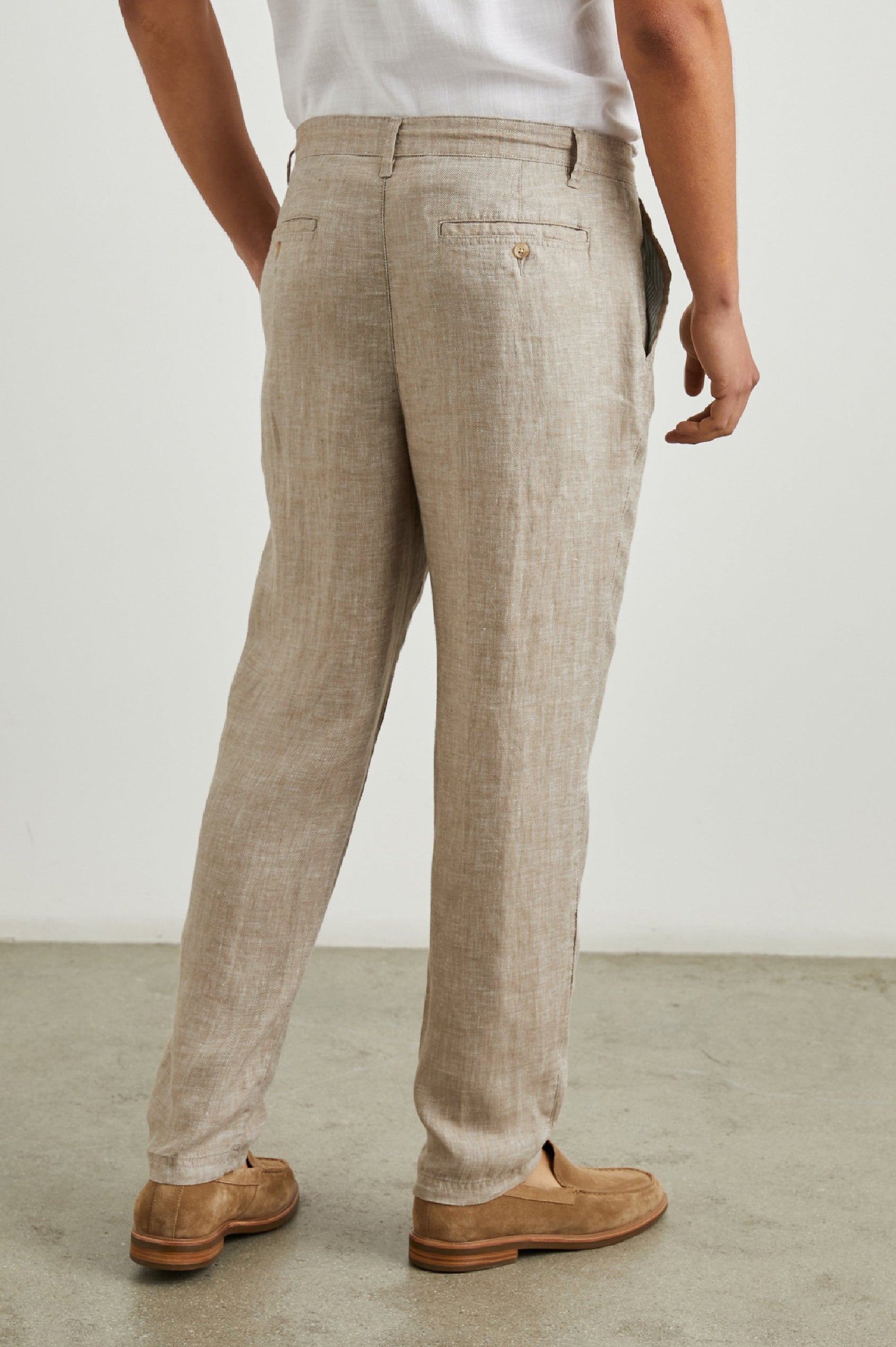 Mercer Pants with a Button and Drawcord Waist, Belt Loops, Two Front Pockets and Two Back Button Welt Pockets in Bulgar Colorway - Back View Featured on Model