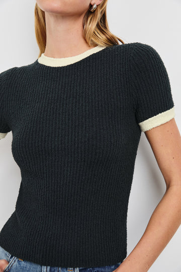 Meredith Short-Sleeve Ribbed Top with Crew Neckline in Black Ivory Colorway, with Ivory trim at the Neckline and Cuffs - Front View Featured on Model 