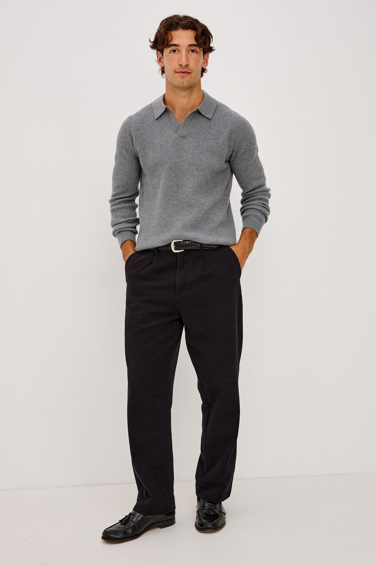 Merritt Sweater in Ribbed Wool-Cashmere-Silk Blend With Open Polo Collar and Long Sleeves in Smoke Heather Colorway - Full Body Front View Featured on Model.