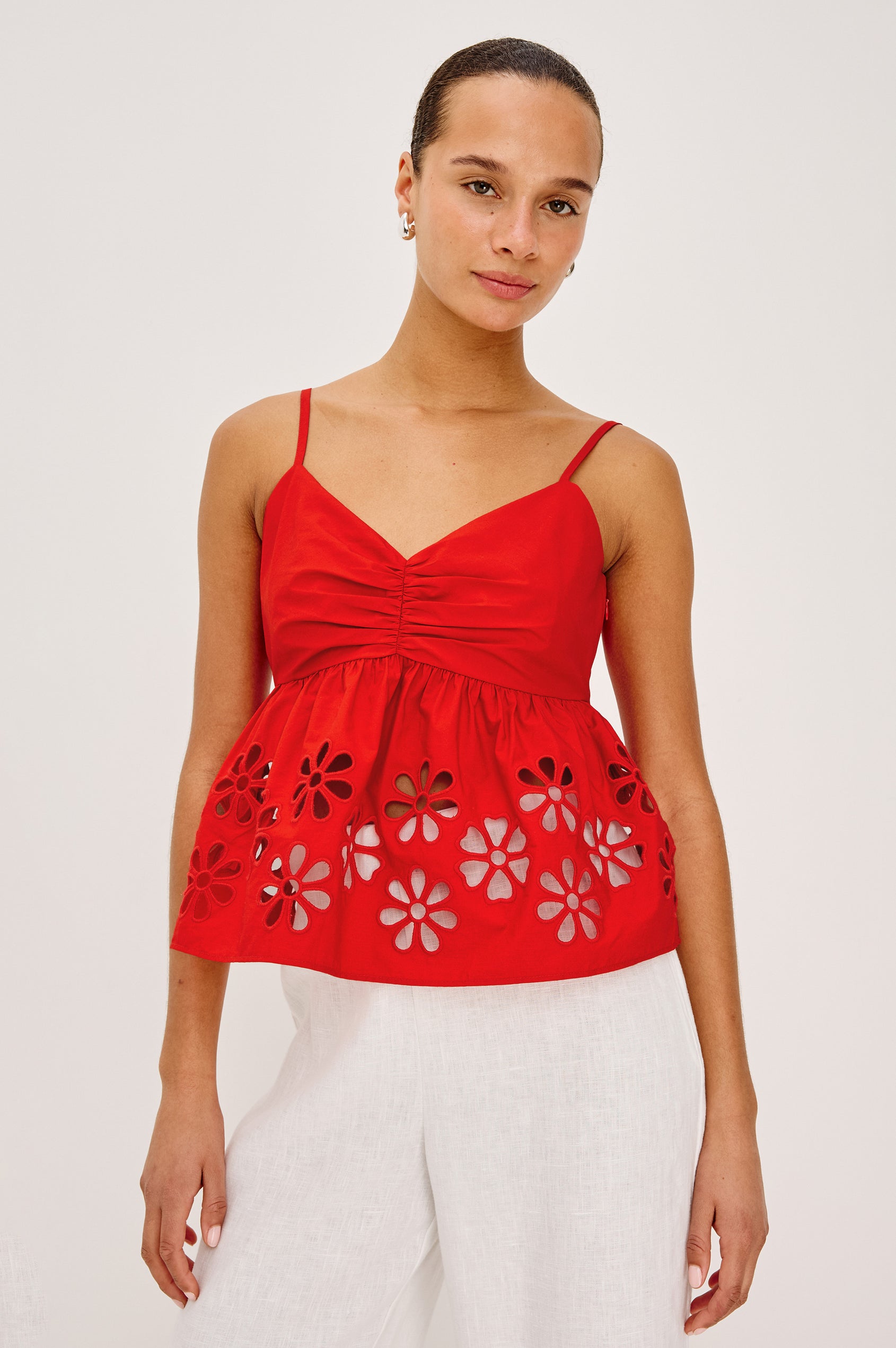 Meru Tank Top in Cotton Polin With Center Front Ruching, Peplum Embroidered Hem, and Smocked Back in Scarlet - Upper Body Front View Featured on Model
