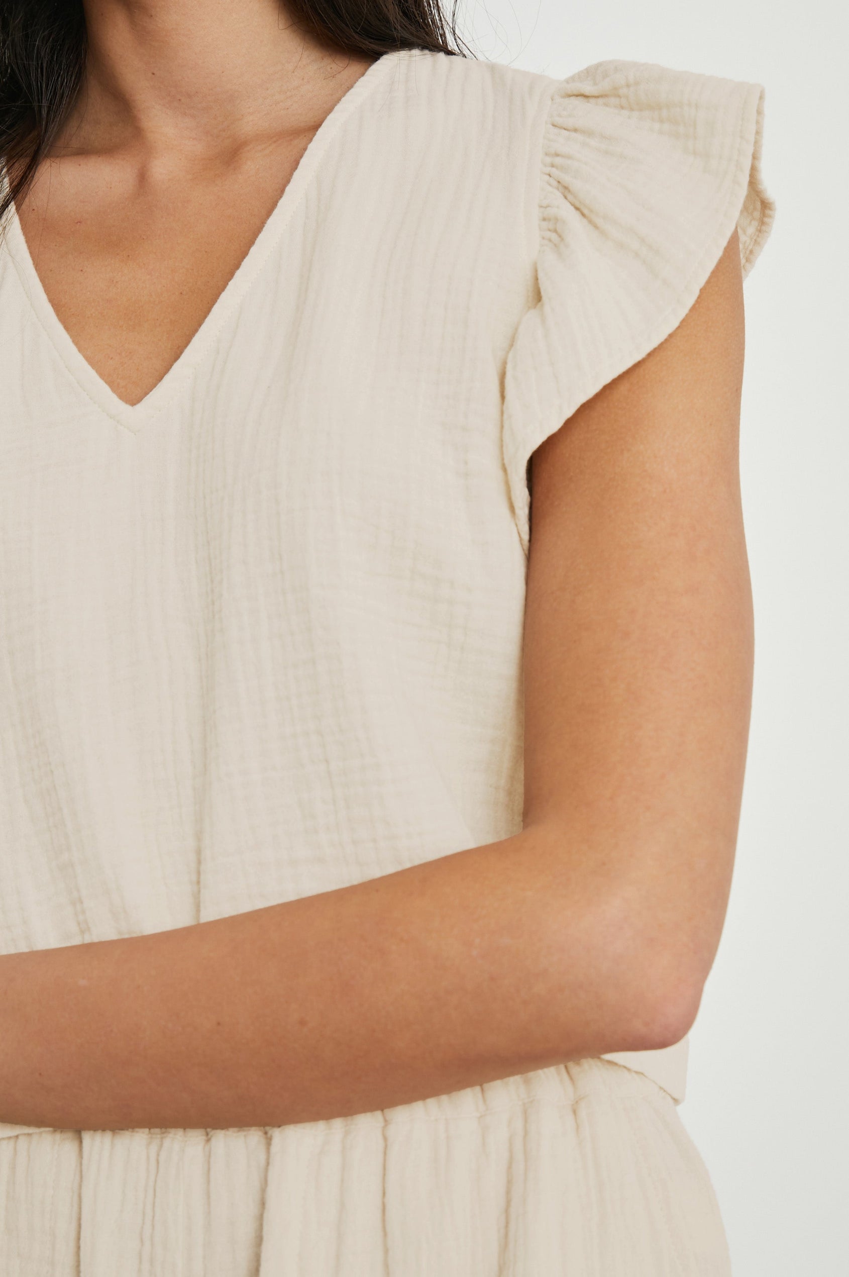 Miley Cropped, Short-Sleeve, V Neck Top with Flutter Sleeves and Textured Fabric in Flex Colorway - Front View Featured on Model