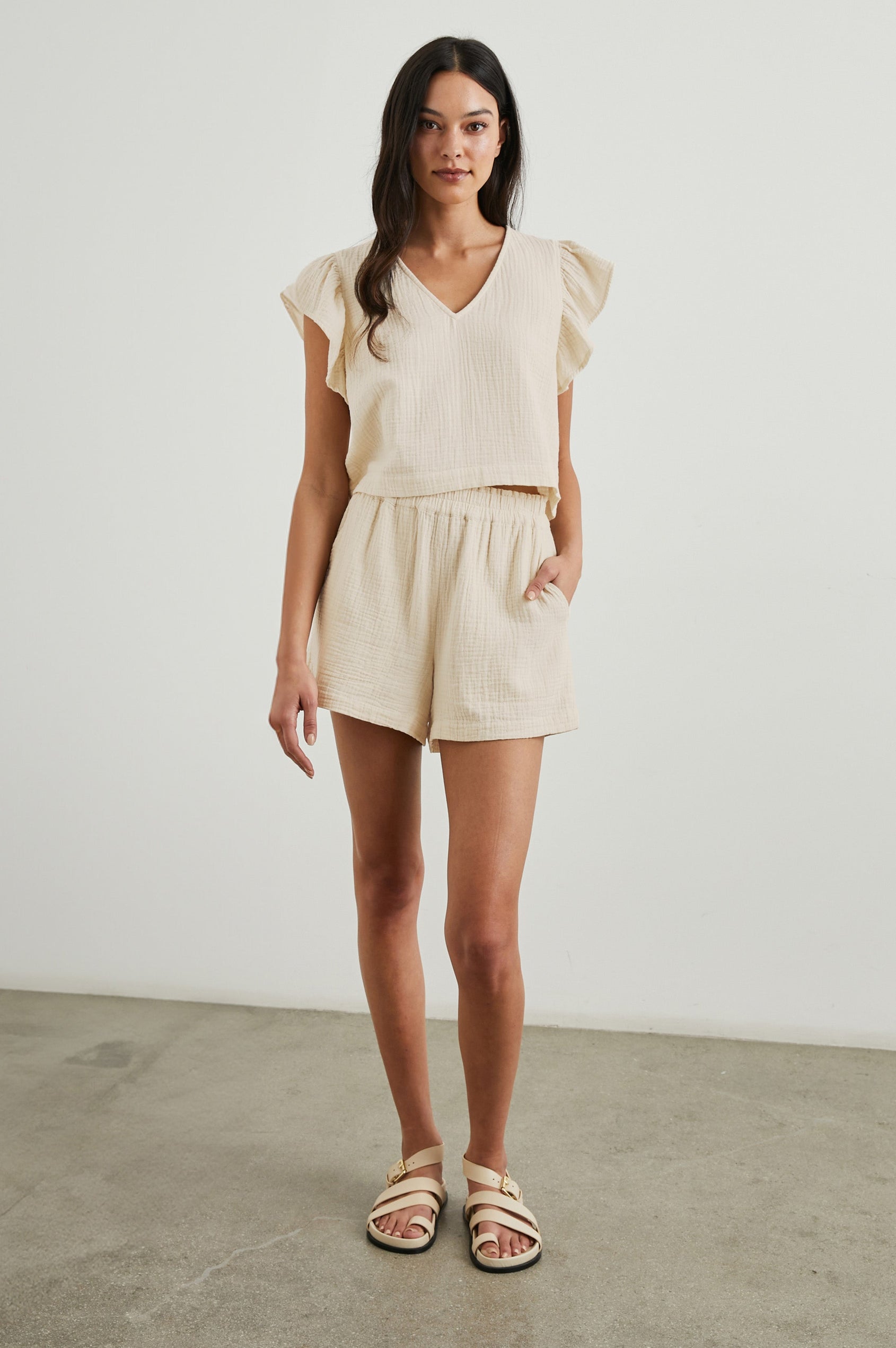 Miley Cropped, Short-Sleeve, V Neck Top with Flutter Sleeves and Textured Fabric in Flex Colorway - Front Full Body View Featured on Model