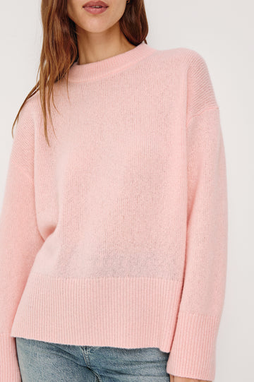 Miranda Sweater in Cashmere-Silk Blend With Crew Neckline, Ribbed Trim, Dropped Shoulders, Loose Relaxed Fit, and Long Sleeves in Carnation Colorway - Upper Body Front View Featured on Model