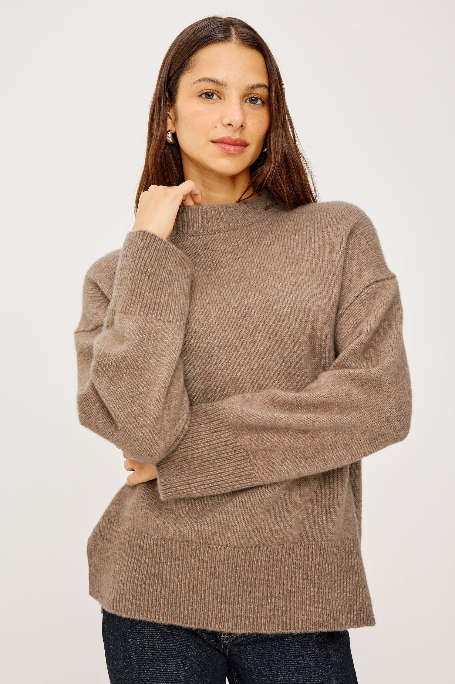 Miranda Long-Sleeve Sweater with a Mock Neck, Side Slits, and Ribbed Trim in Oatmeal Colorway - Front View Featured on Model