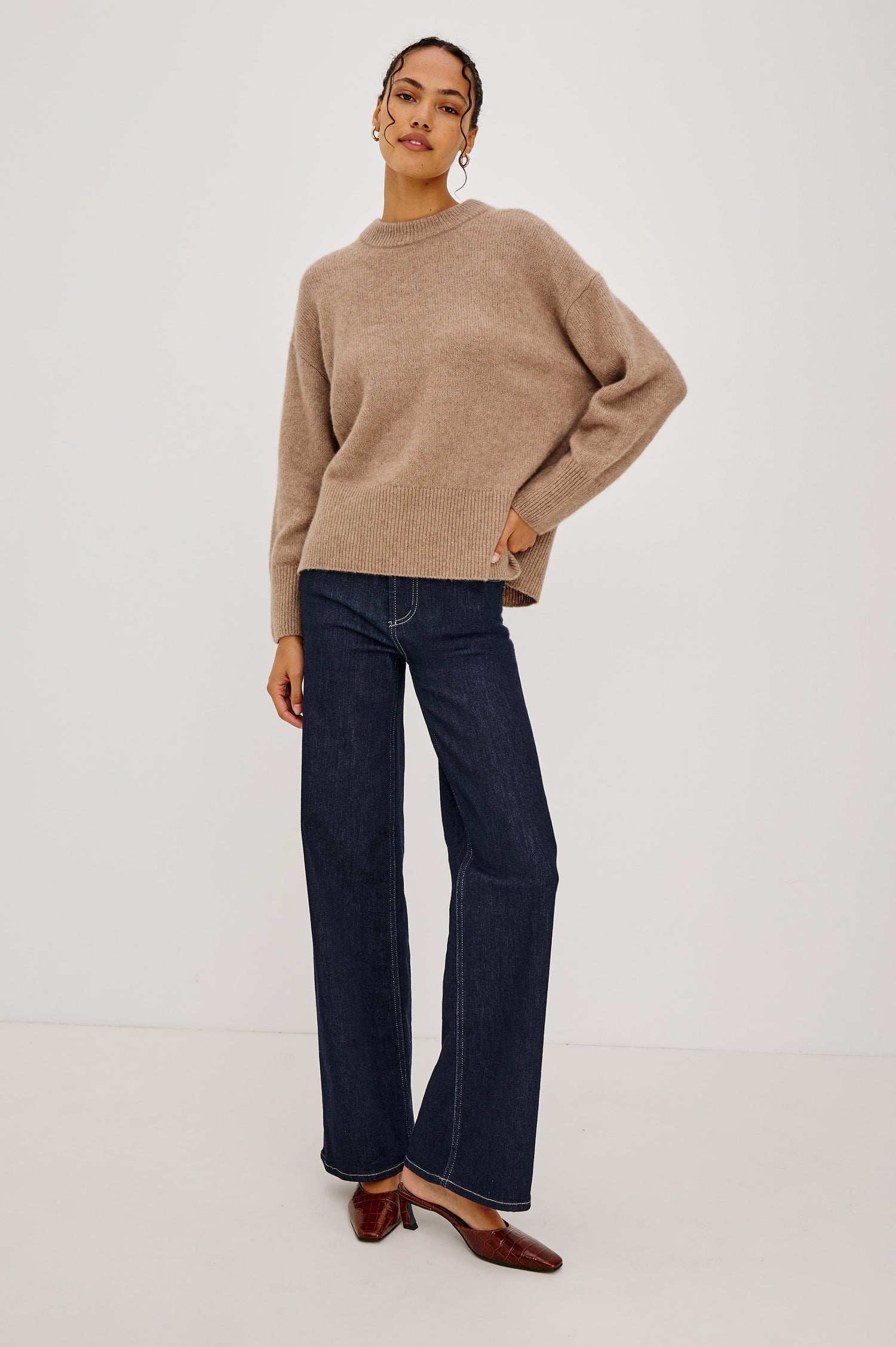 Miranda Sweater in Cashmere-Silk Blend With Relaxed Boxy Fit, Mock Neck, Drop Shoulders, and Side Slits at Hem in Oatmeal Colorway - Full Body Front View Featured on Model