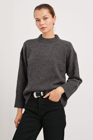Miranda Long-Sleeve Sweater with a Mock Neck, Side Slits, and Ribbed Trim in Thunder Colorway - Front View Featured on Model