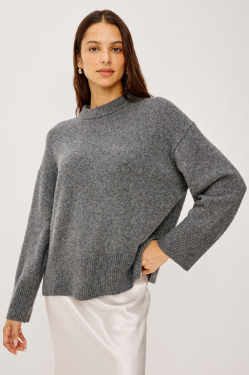 Miranda Long-Sleeve Sweater with a Mock Neck, Side Slits, and Ribbed Trim in Thunder Colorway - Front View Featured on Model