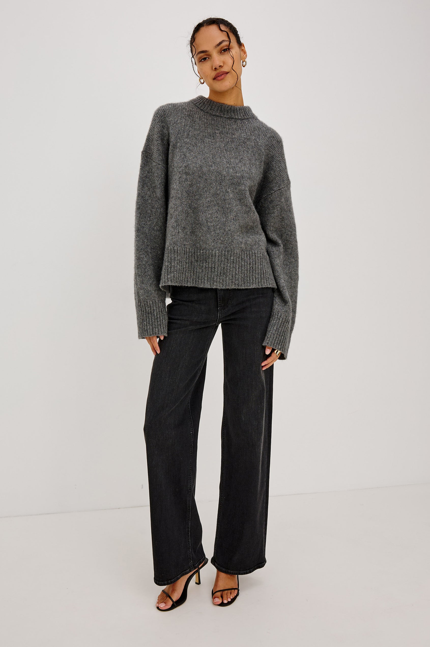 Miranda Sweater in Cashmere-Silk Blend With Relaxed Boxy Fit, Mock Neck, Drop Shoulders, and Side Slits at Hem in Thunder Colorway - Full Body Front View Featured on Model