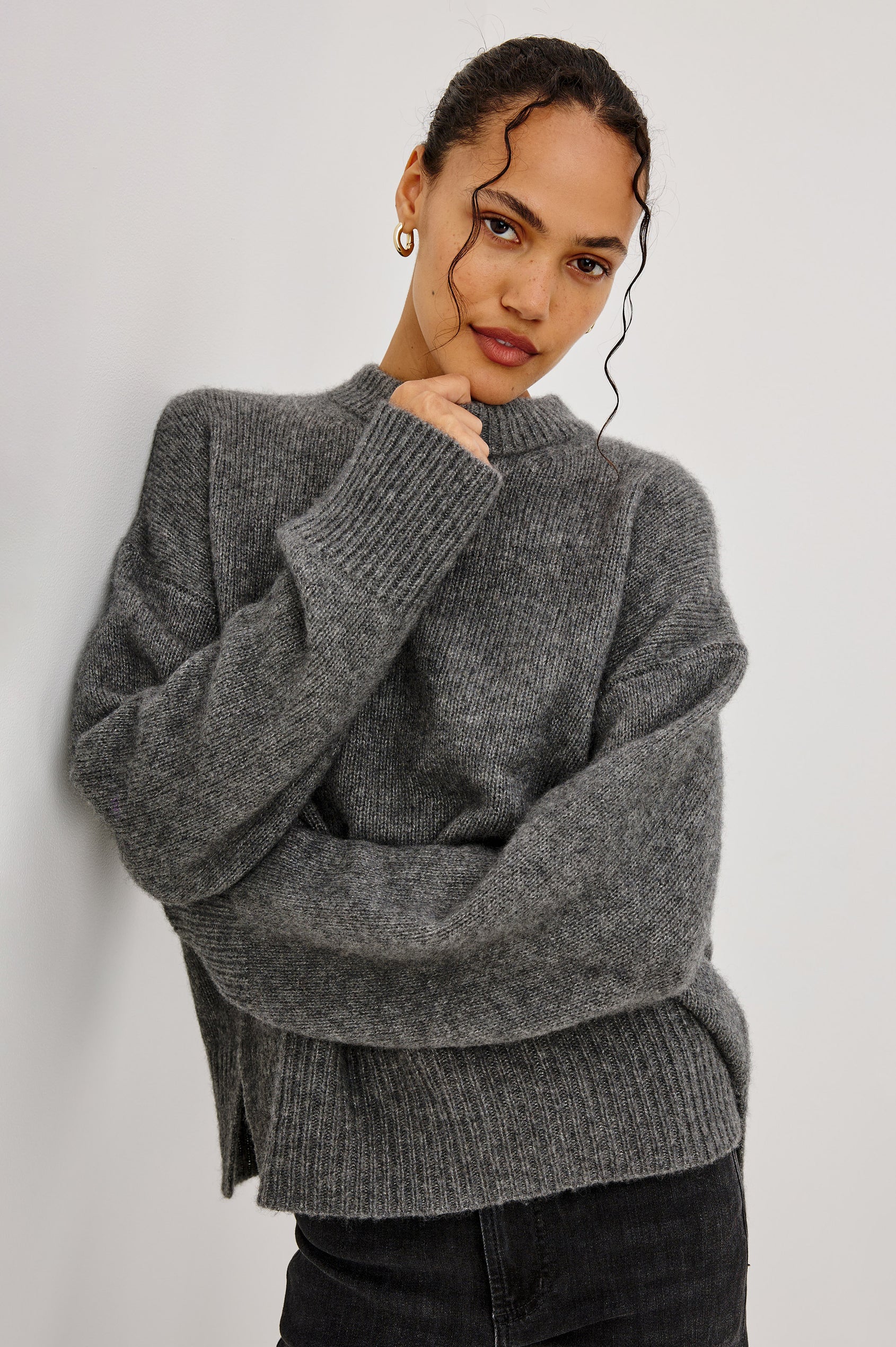 Miranda Sweater in Cashmere-Silk Blend With Relaxed Boxy Fit, Mock Neck, Drop Shoulders, and Side Slits at Hem in Thunder Colorway - Upper Body Front View Featured on Model