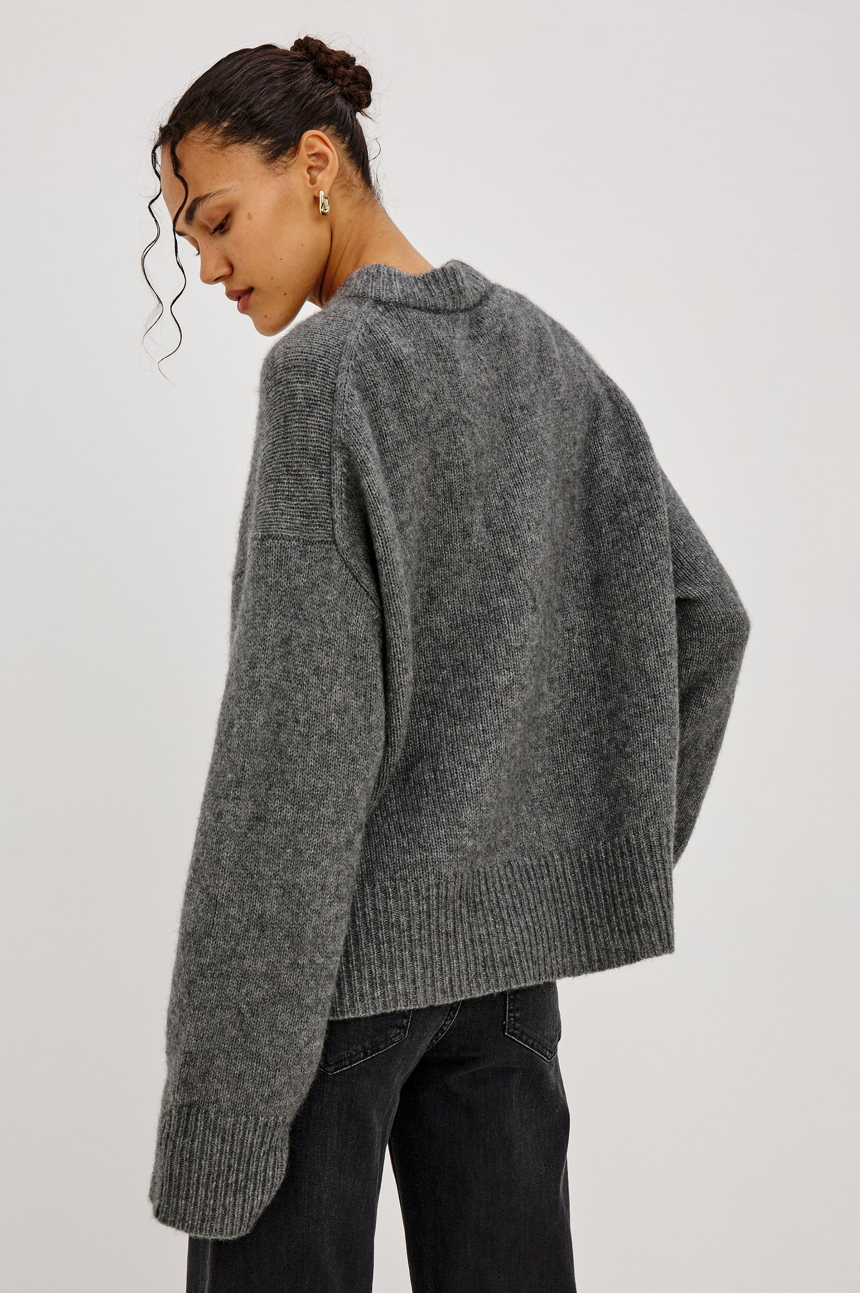 Miranda Sweater in Cashmere-Silk Blend With Relaxed Boxy Fit, Mock Neck, Drop Shoulders, and Side Slits at Hem in Thunder Colorway - Upper Body Back View Featured on Model