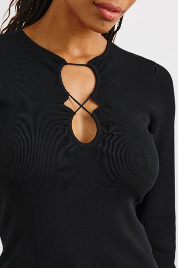 Misa Long-Sleeve Top with a Deep Geometric Cutout in Black Colorway - Front View Featured on Model 