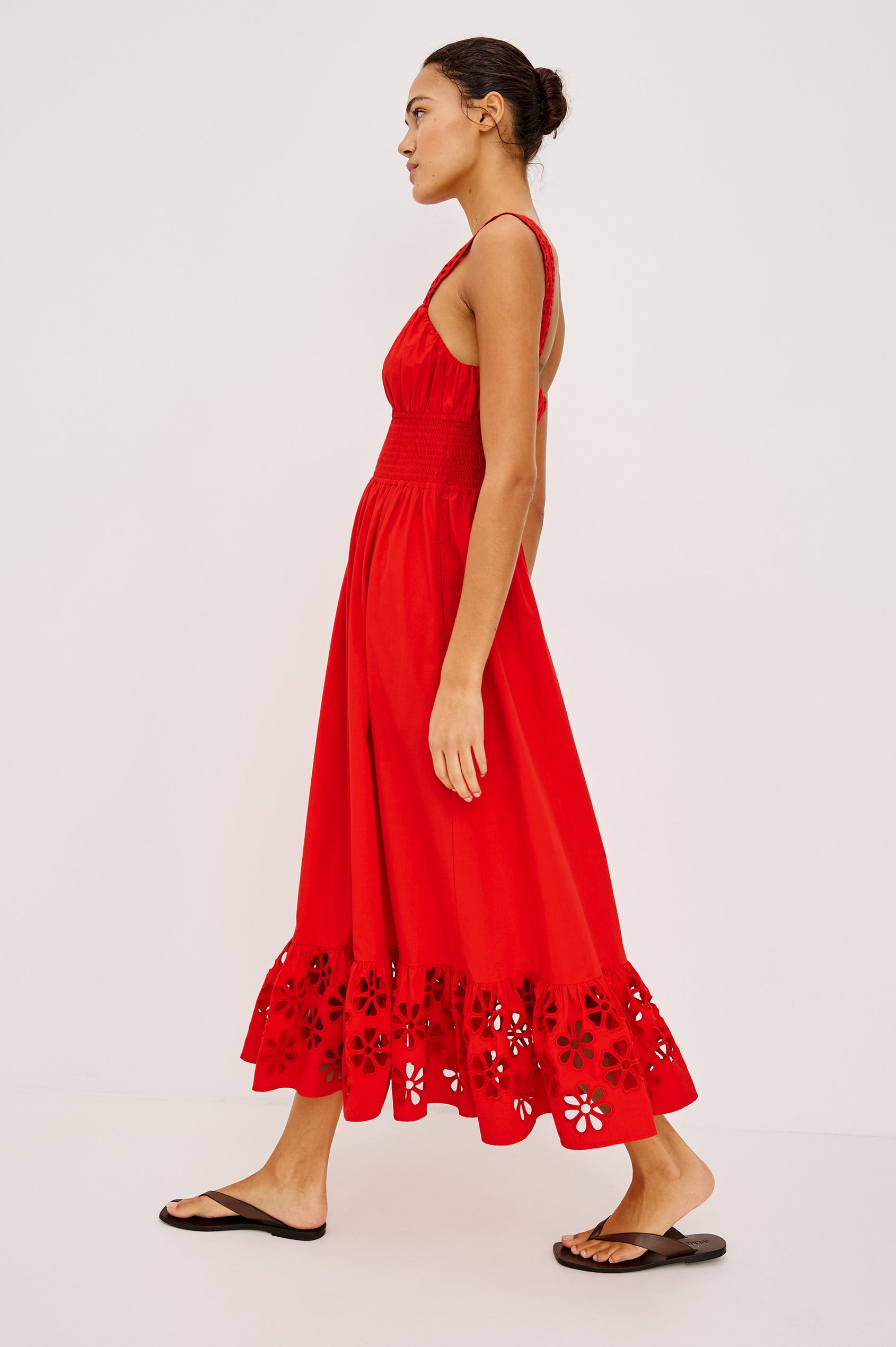 Moira Midi Dress in Cotton Poplin With Wide Embroidered Shoulder Straps Soft Sweetheart Neckline Smocked Empire Waist Fully Lined Skirt With Floral Cutwork at Hem in Scarlet Colorway - Full Body Front View Featured on Model