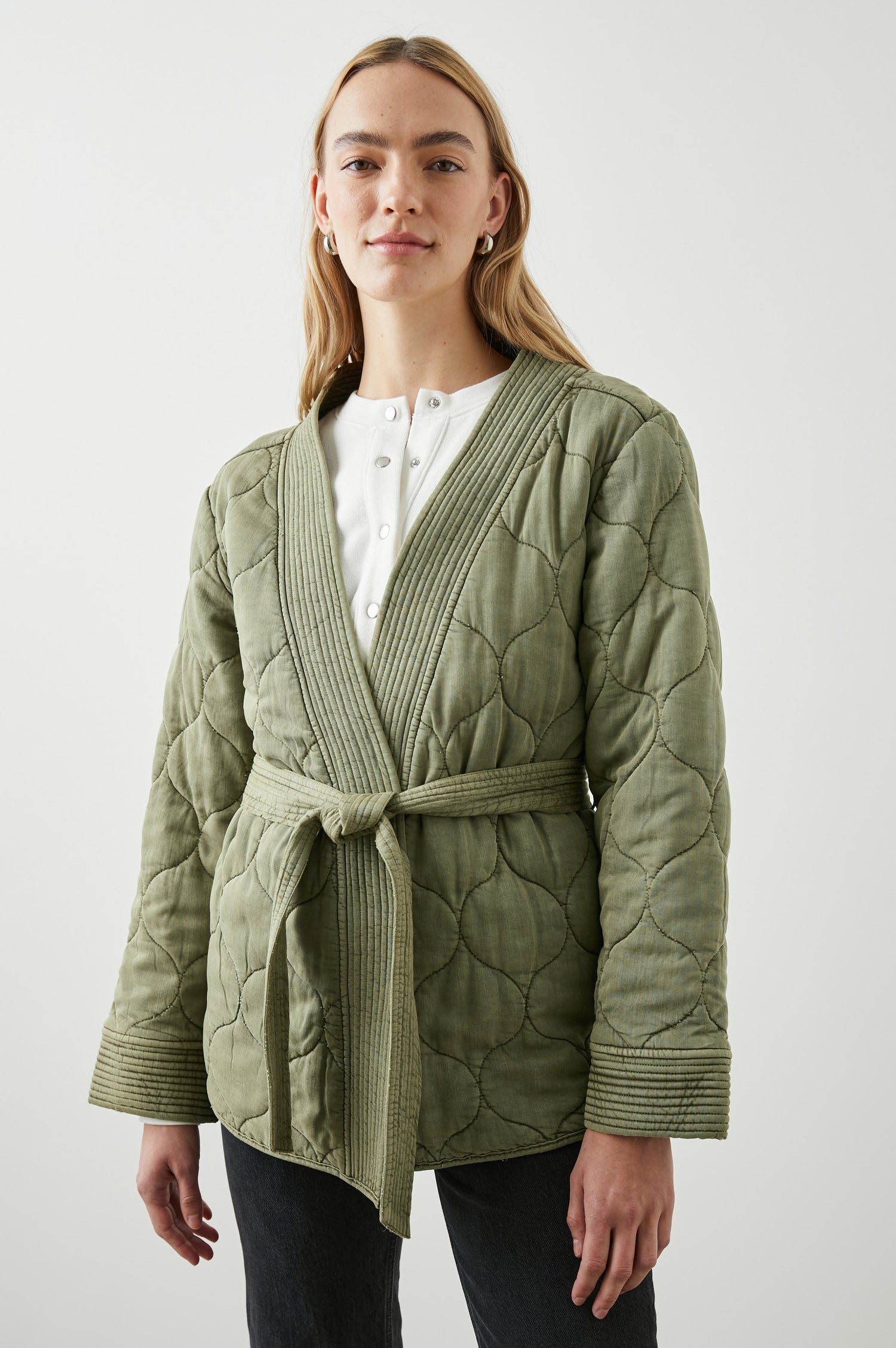 Monterey Quilted Jacket with Front Tie Closure, and Ribbed Trim in Washed Olive Colorway - Front View Featured on Model  