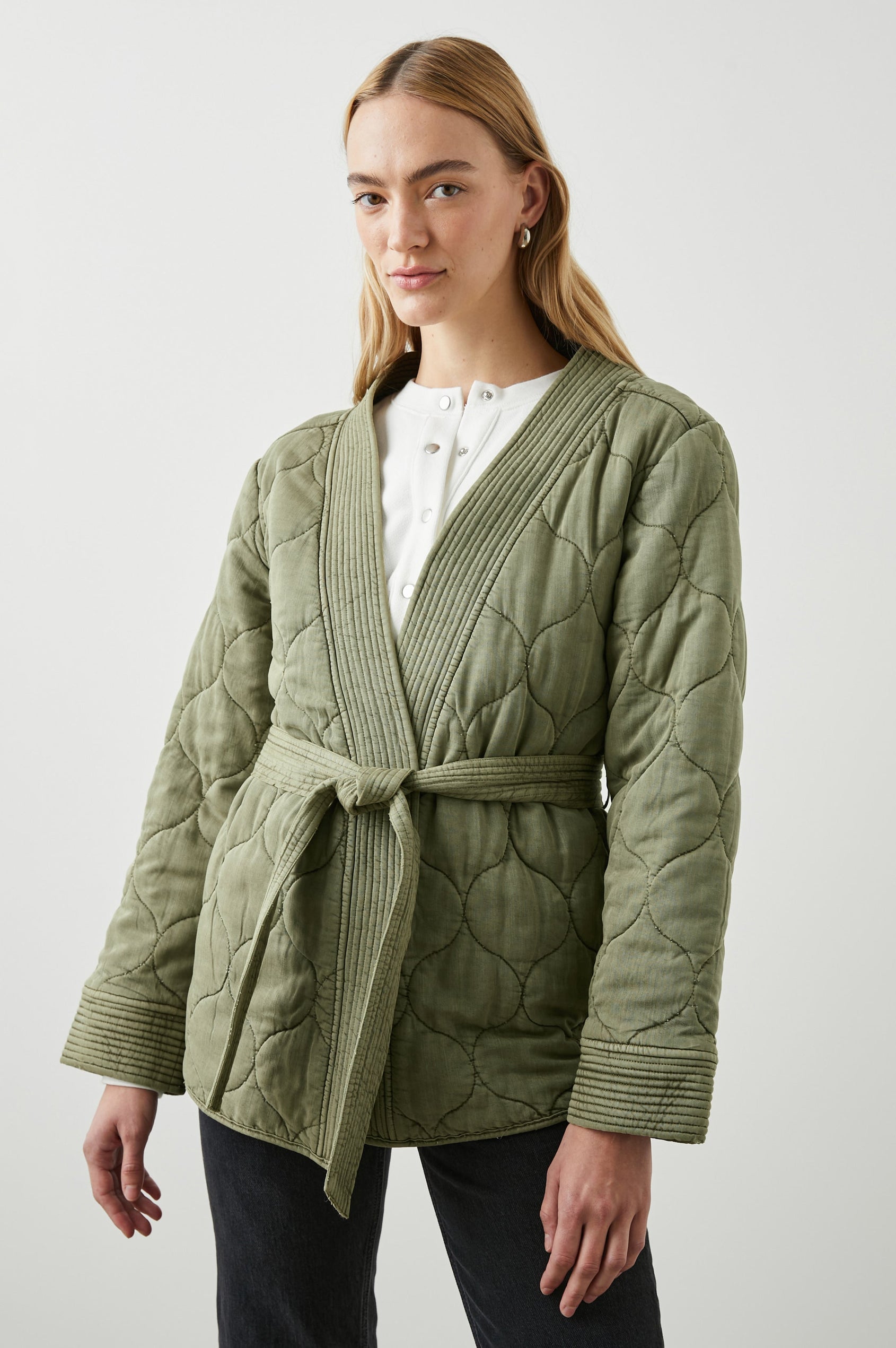 Monterey Quilted Jacket with Front Tie Closure, and Ribbed Trim in Washed Olive Colorway - Front View Featured on Model  