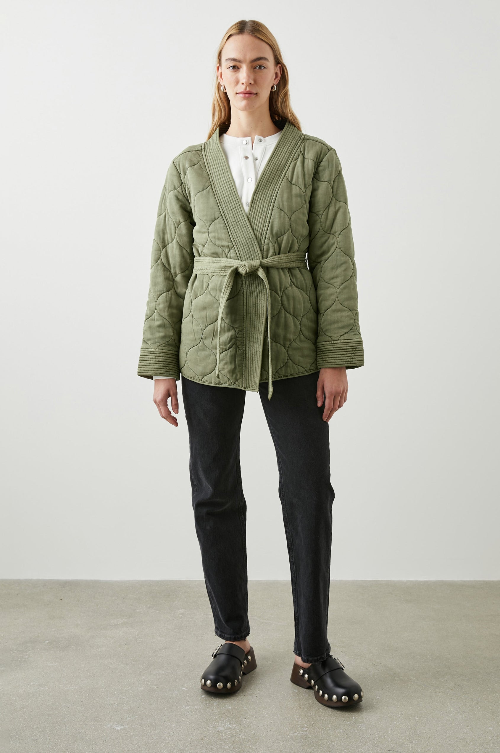 Monterey Quilted Jacket with Front Tie Closure, and Ribbed Trim in Washed Olive Colorway - Front Full Body View Featured on Model  