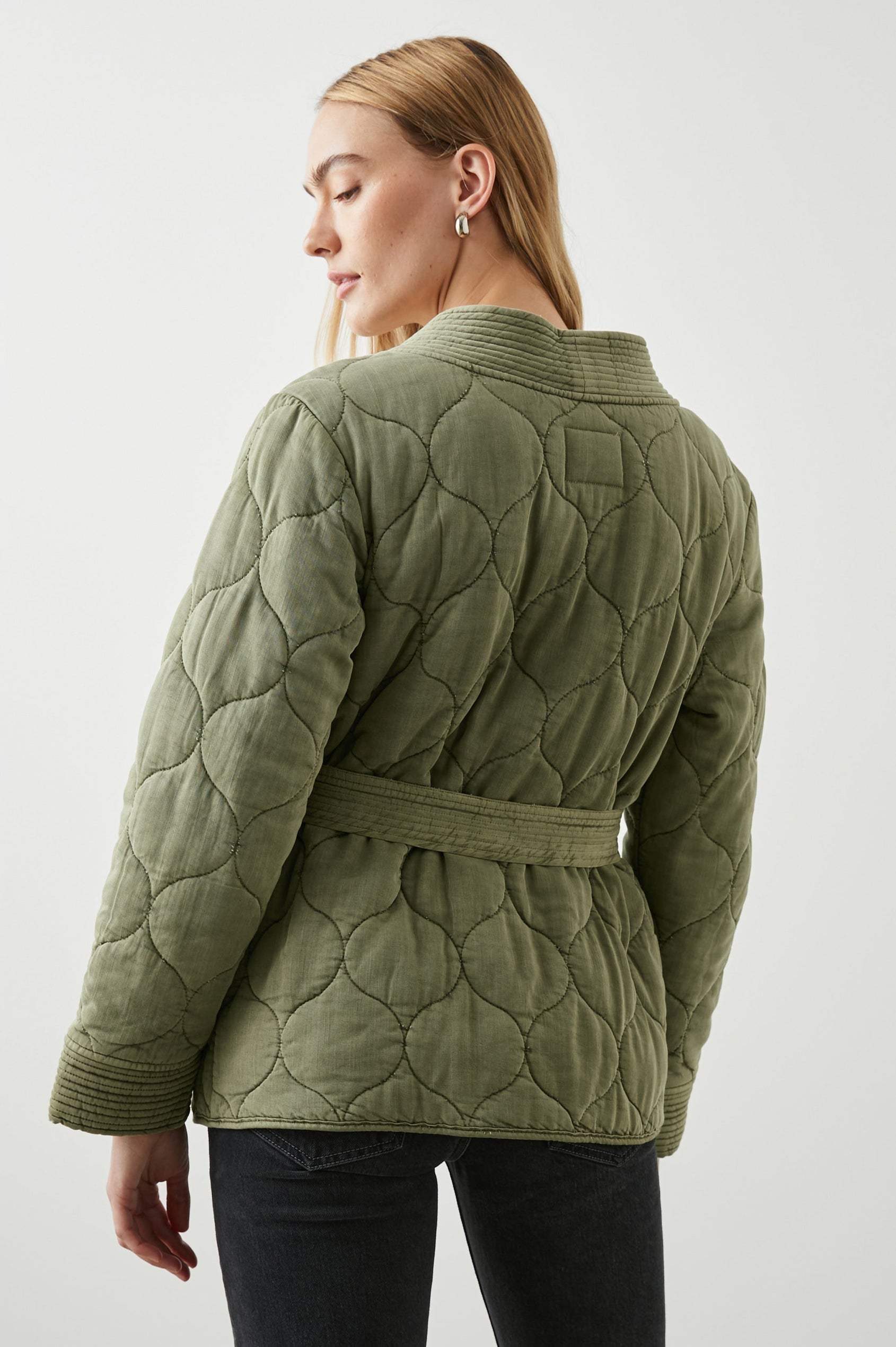 Monterey Quilted Jacket with Front Tie Closure, and Ribbed Trim in Washed Olive Colorway - Back View Featured on Model  