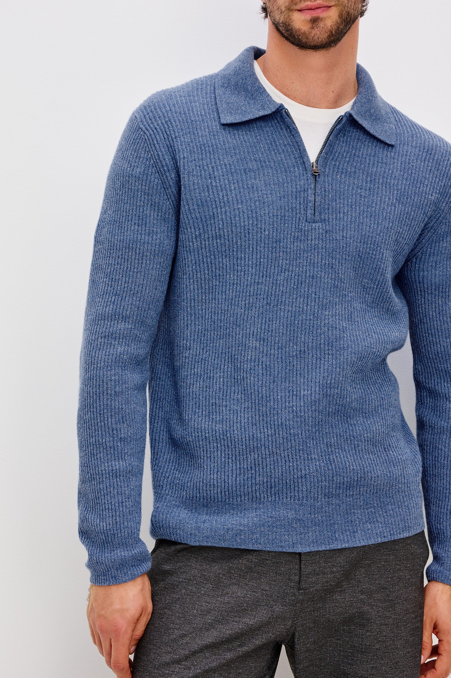 Monty Sweater in Ribbed Wool With Collar, Quarter Front Zip, Land Long Sleeves in Cerulean Melange Colorway - Upper Body Front Close Up View Featured on Model