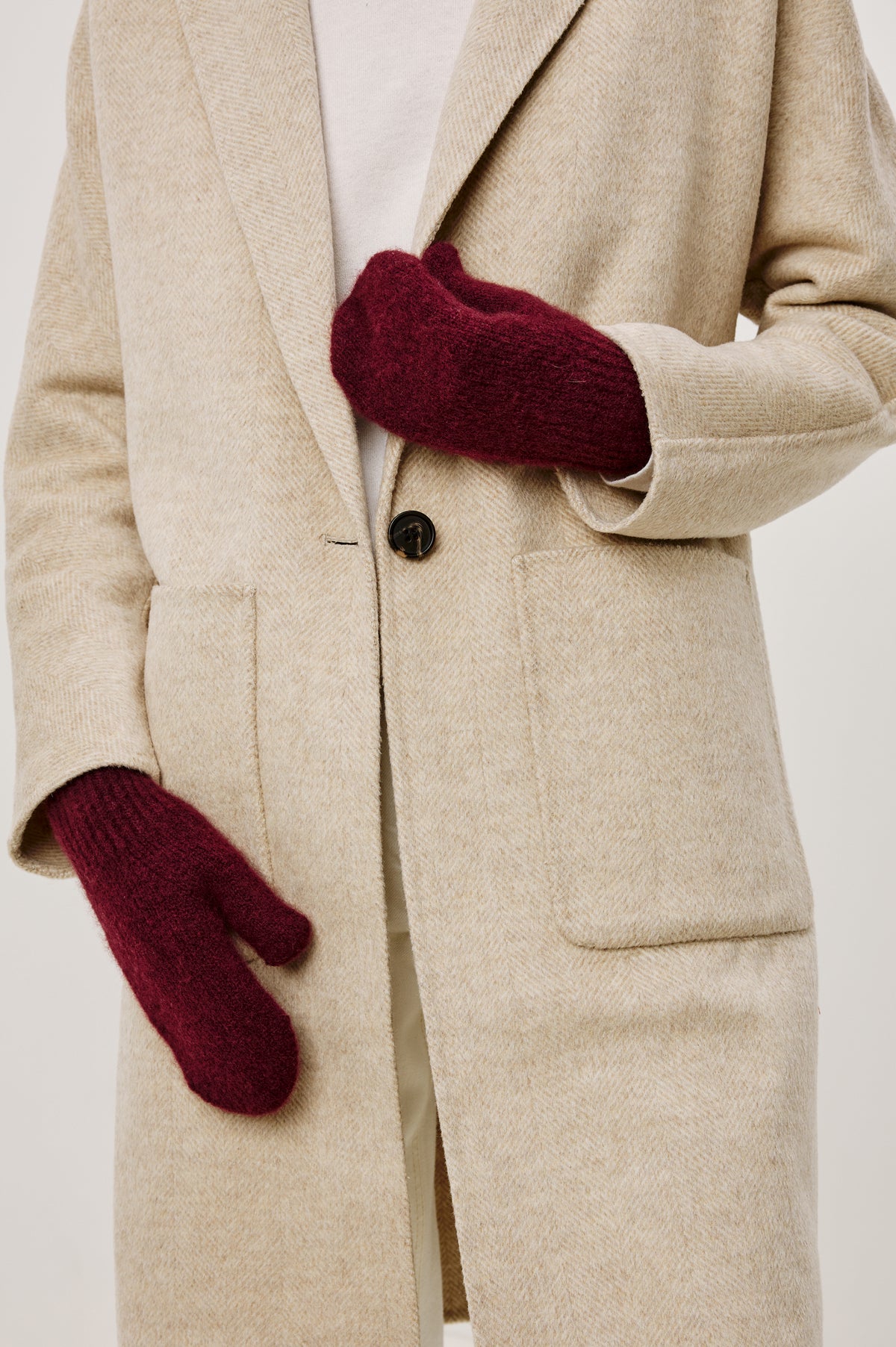Moritz Mittens in Cashmere Silk Blend With Ribbed Trim in Wine Colorway - Mid Body Front View Featured on Model