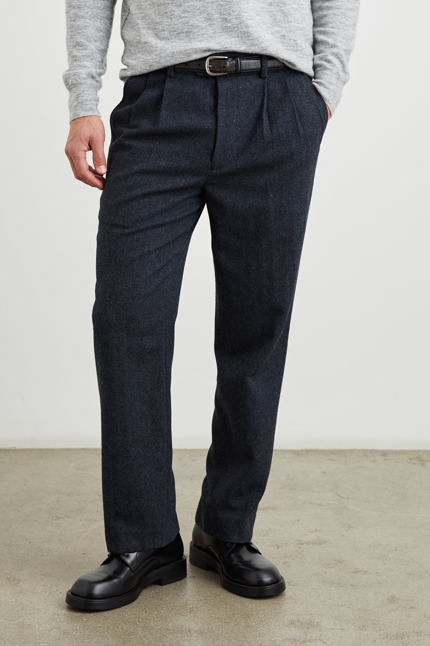 Murphy Pants with Pleats at the Waist, Belt Loops, Two Front Pockets and Two Button Welt Back Pockets in Celestial Tweed Colorway - Front View Featured on Model