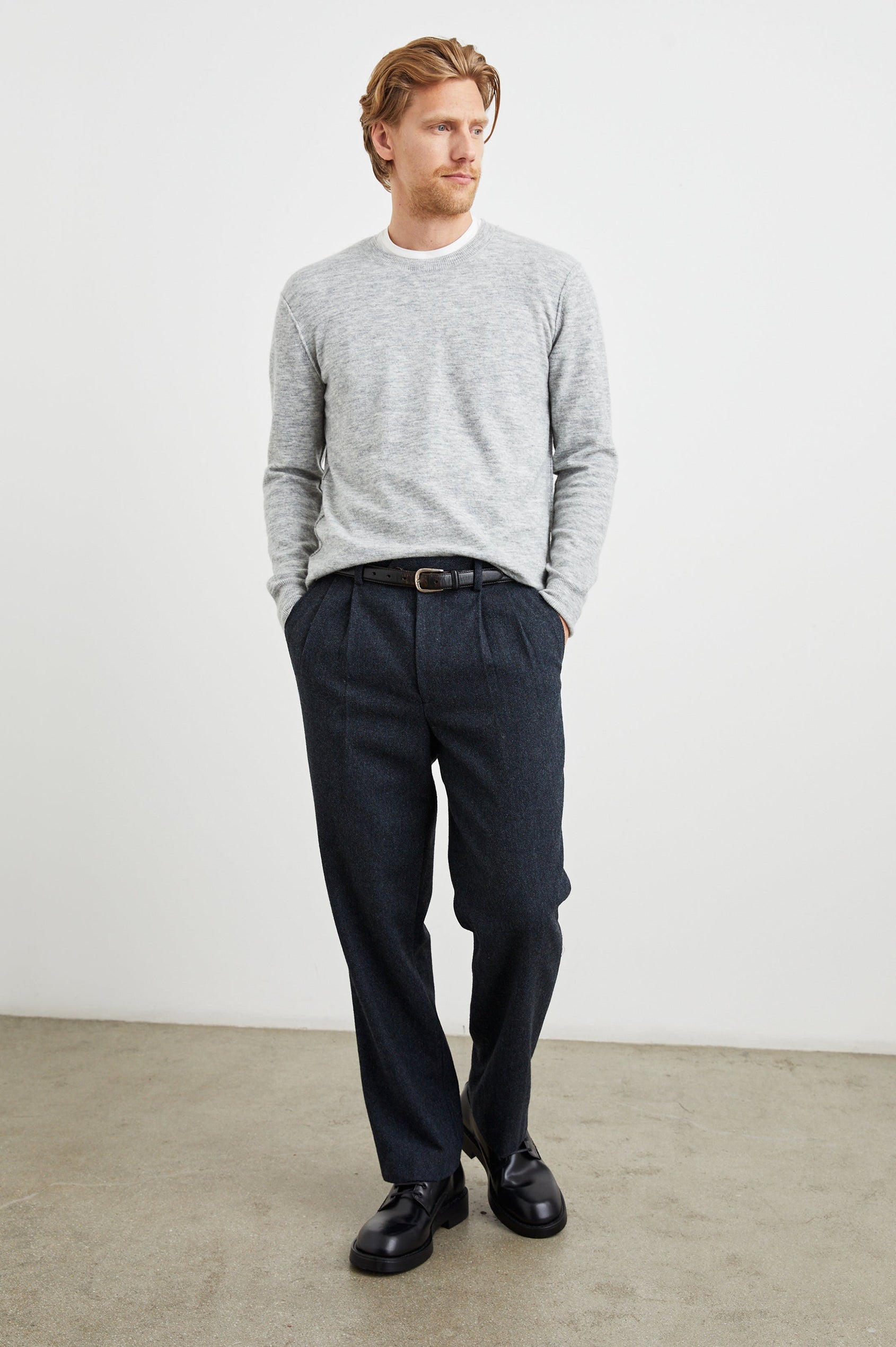 Murphy Pants with Pleats at the Waist, Belt Loops, Two Front Pockets and Two Button Welt Back Pockets in Celestial Tweed Colorway - Front Full Body View Featured on Model