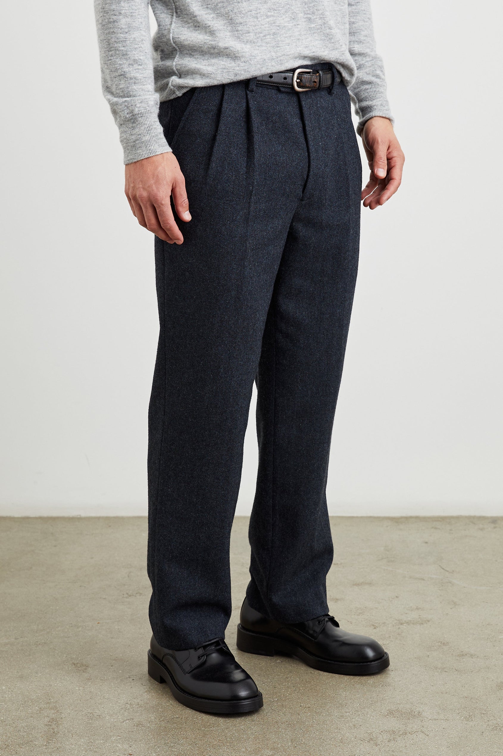 Murphy Pants with Pleats at the Waist, Belt Loops, Two Front Pockets and Two Button Welt Back Pockets in Celestial Tweed Colorway - Front View Featured on Model