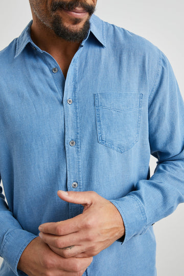 Mykonos Long-Sleeve Button Up with a Patch Pocket in Celsius Colorway, a blue - Front View Featured on Model