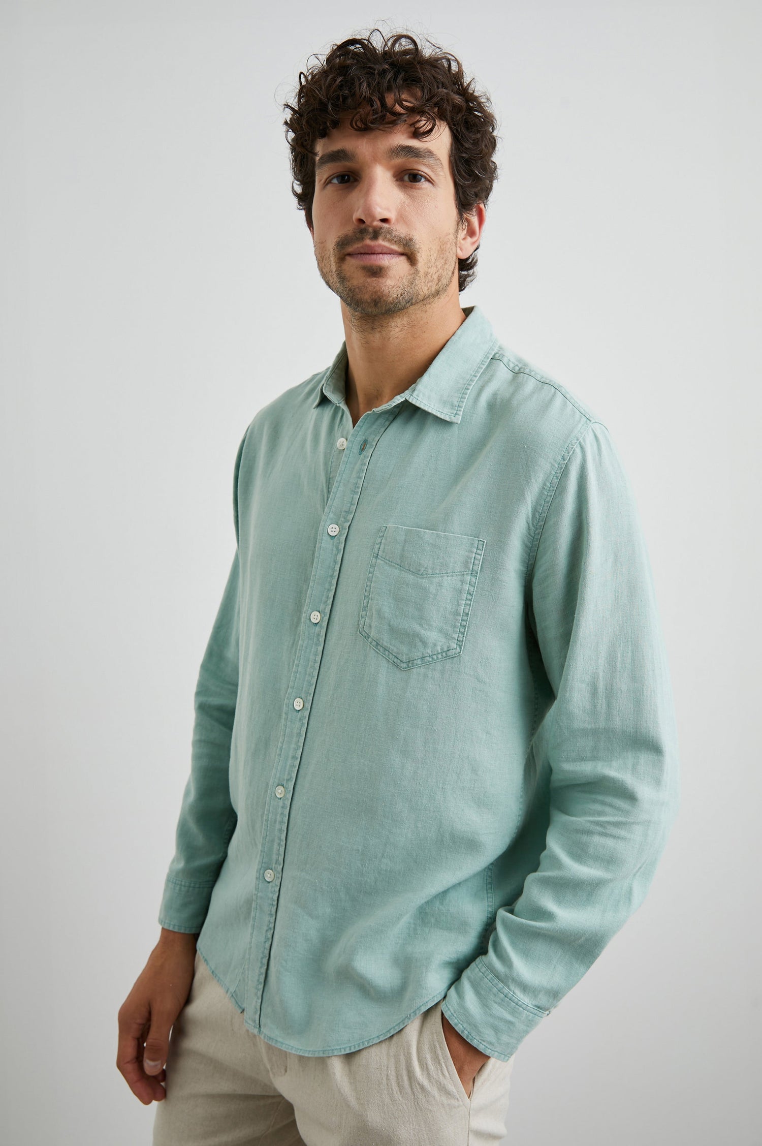 Mykonos Long-Sleeve Button Up with a Patch Pocket in Jade Colorway - Front View Featured on Model