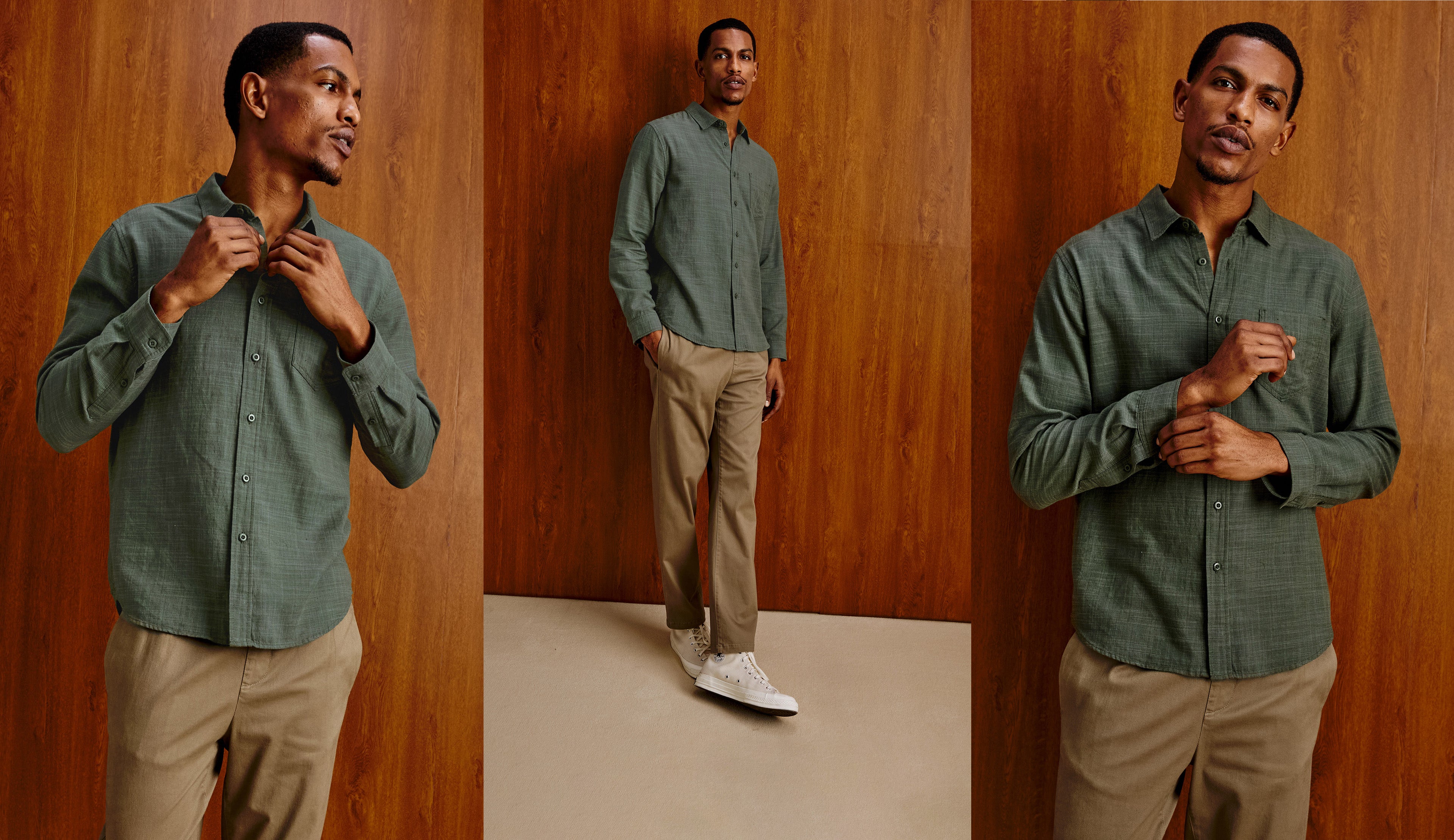 A three-panel lifestyle photo of a man wearing a sage green long-sleeve button-down shirt and khaki pants, shown in different poses against a warm wood-paneled studio background.