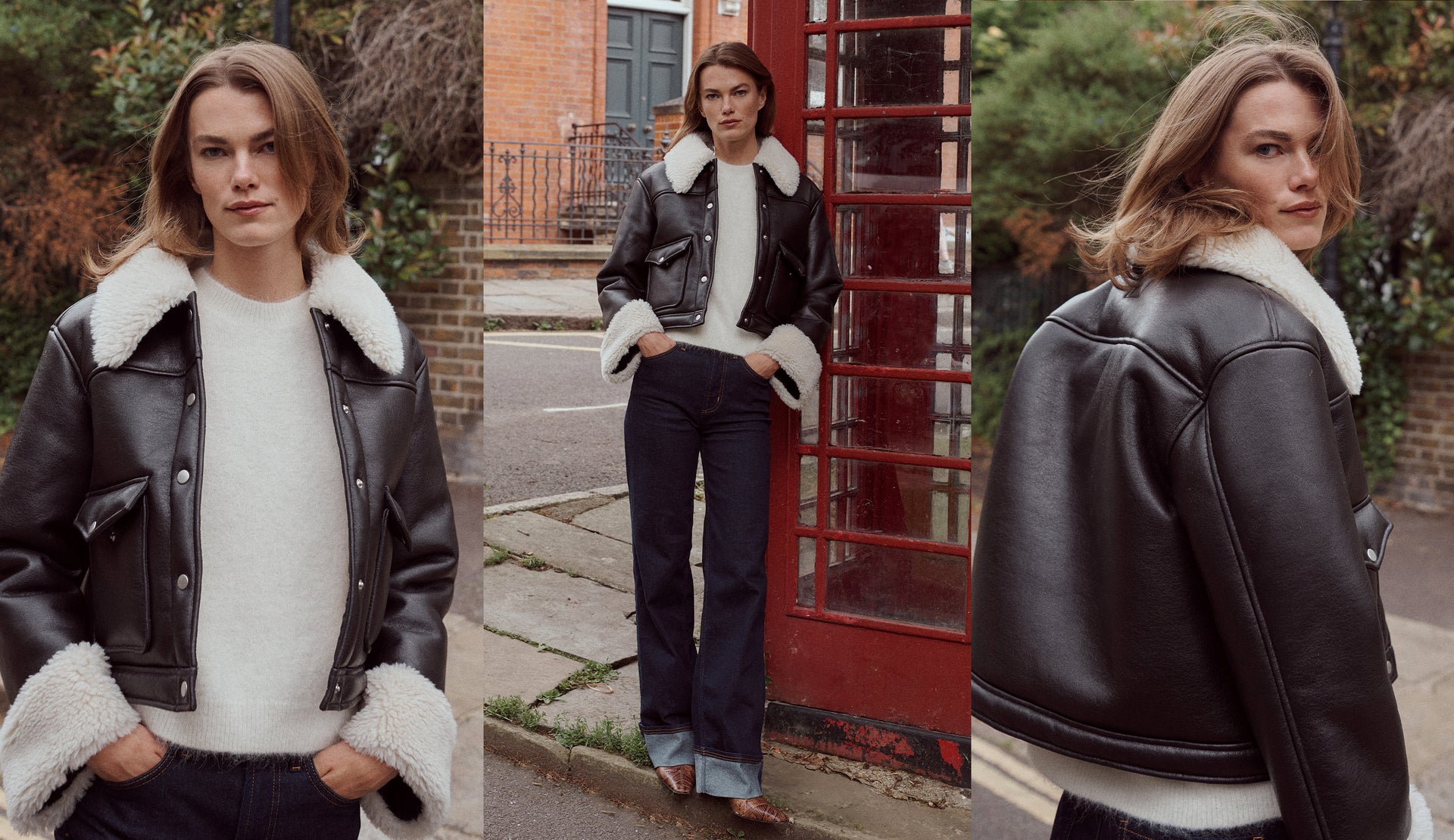 THREE SIDE BY SIDE EDITORIAL IMAGES OF MODEL OUTSIDE WEARING IMANI JACKET AND GETTY WIDE LEG JEANS