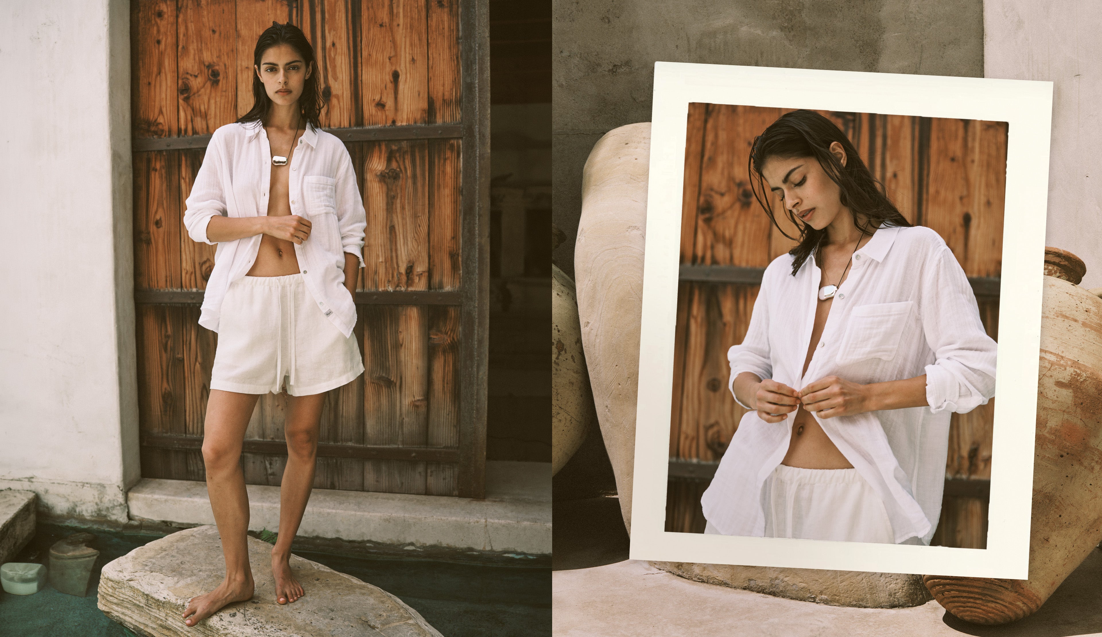 Woman wearing white gauze shirt with white linen shorts